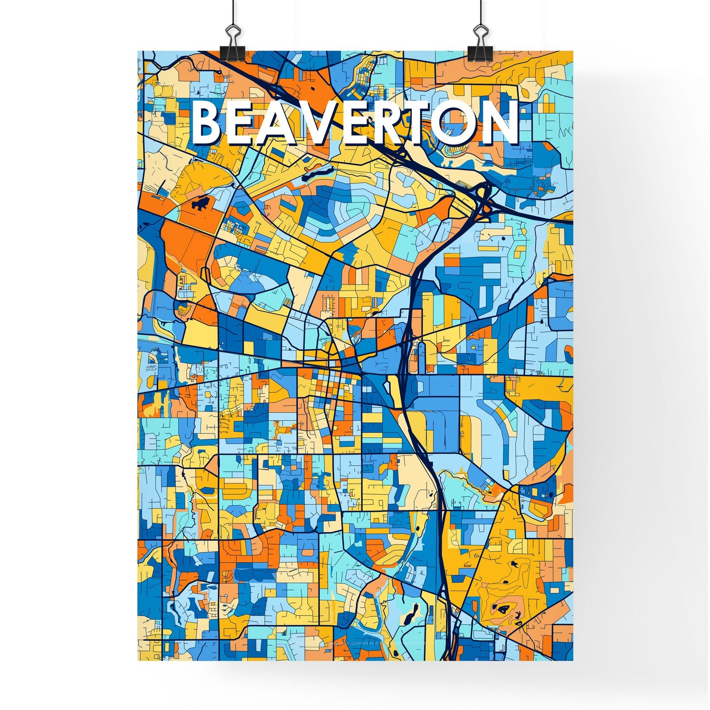 BEAVERTON OREGON Vibrant Colorful Art Map Poster Blue Orange