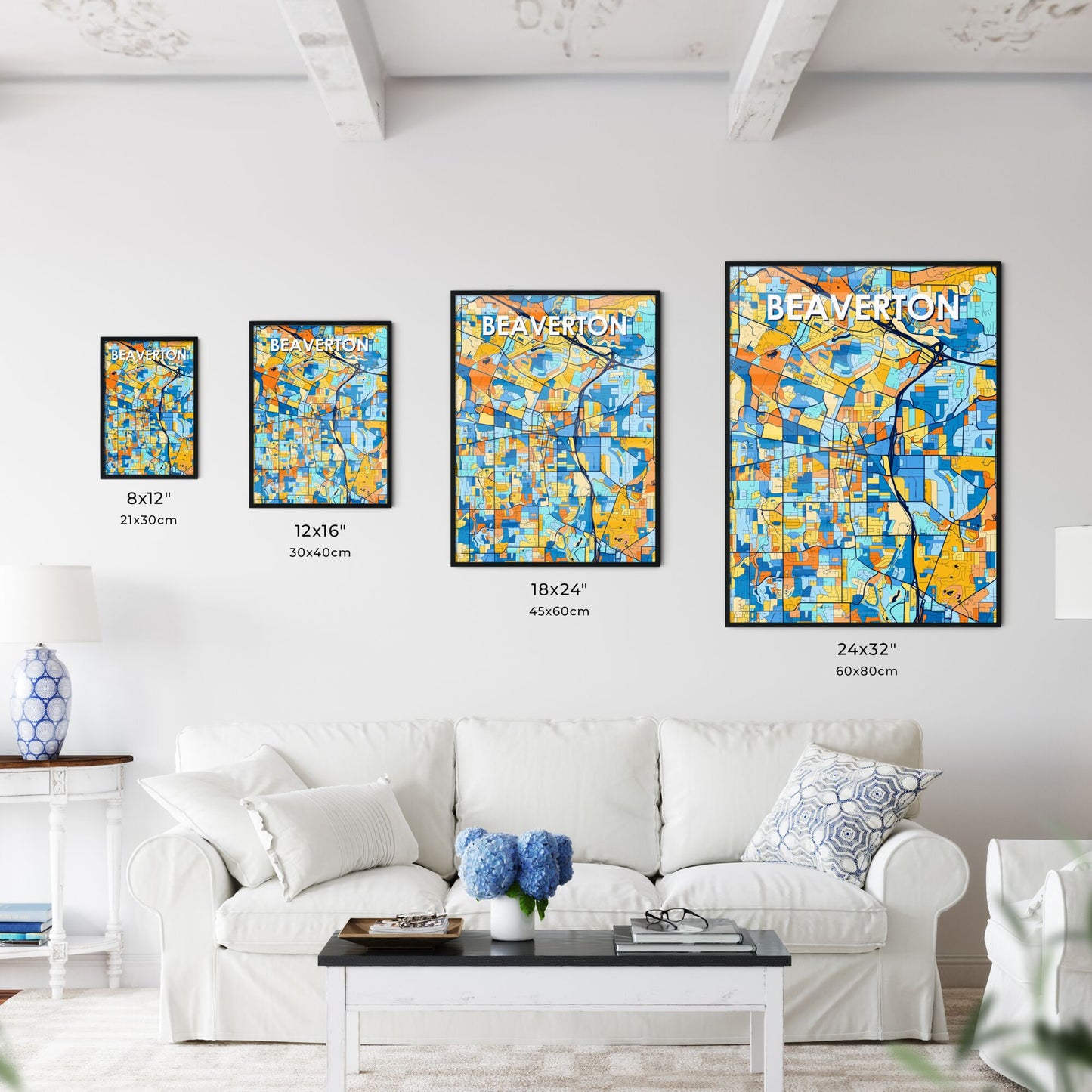 BEAVERTON OREGON Vibrant Colorful Art Map Poster Blue Orange