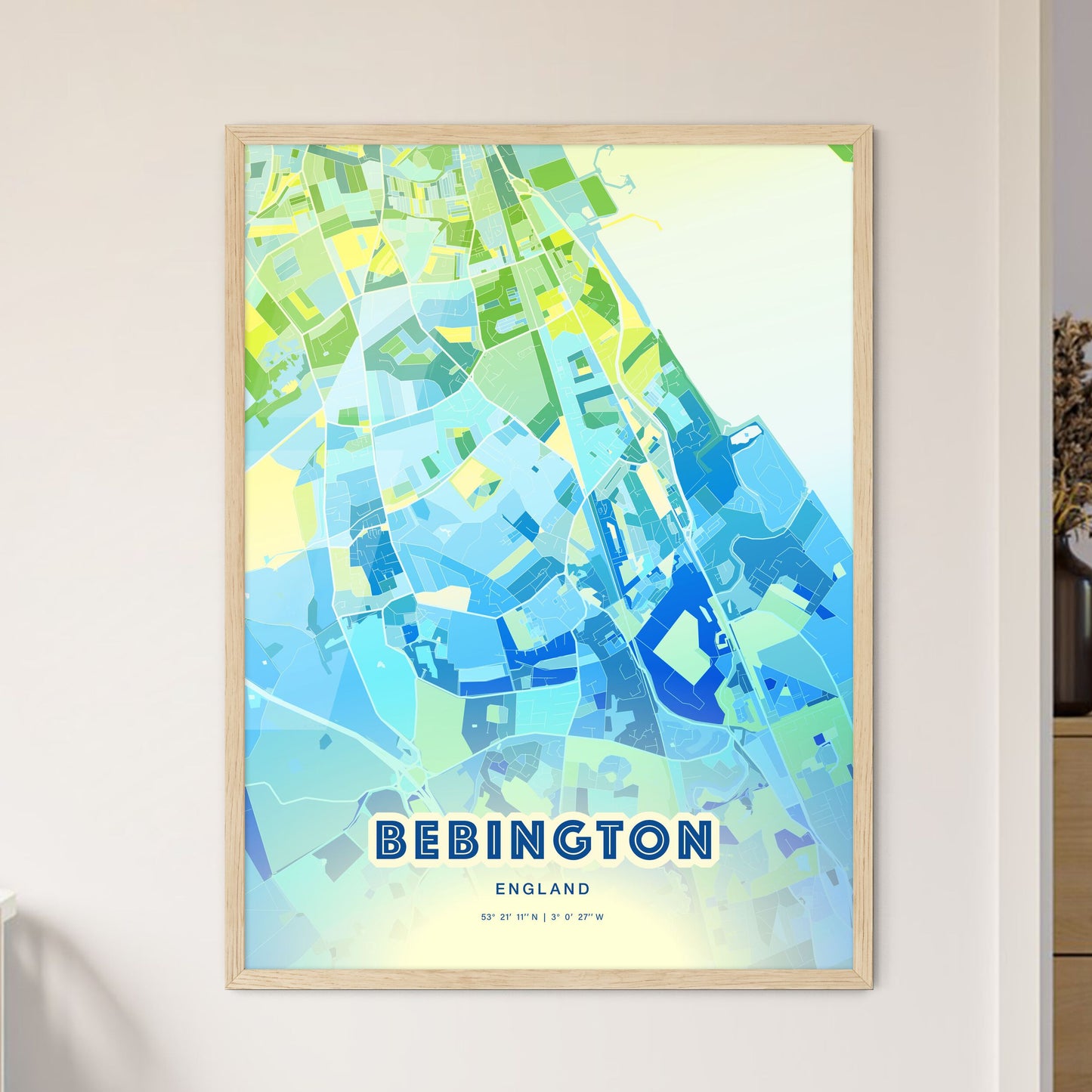 Colorful Bebington England Fine Art Map Cool Blue