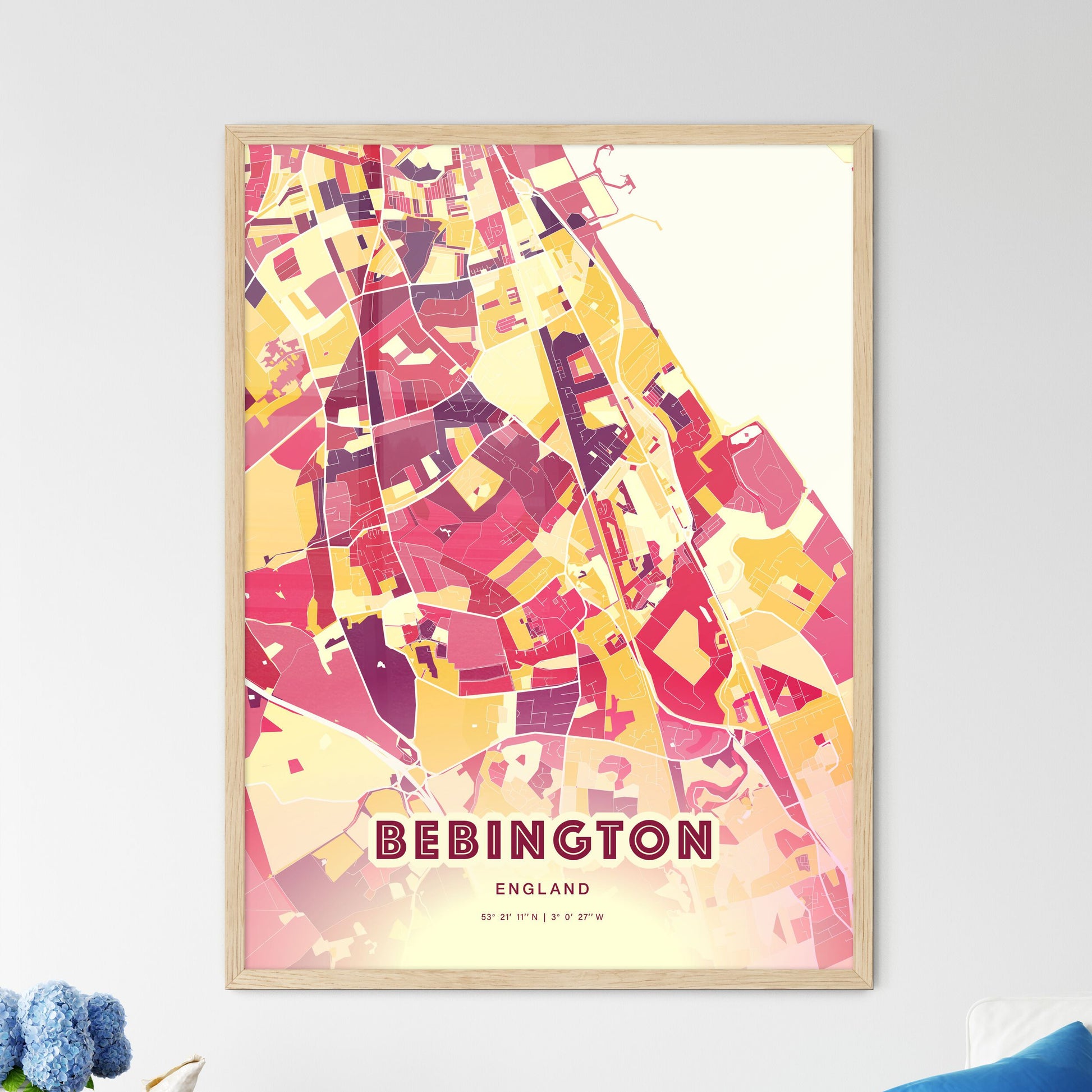 Colorful Bebington England Fine Art Map Hot Red