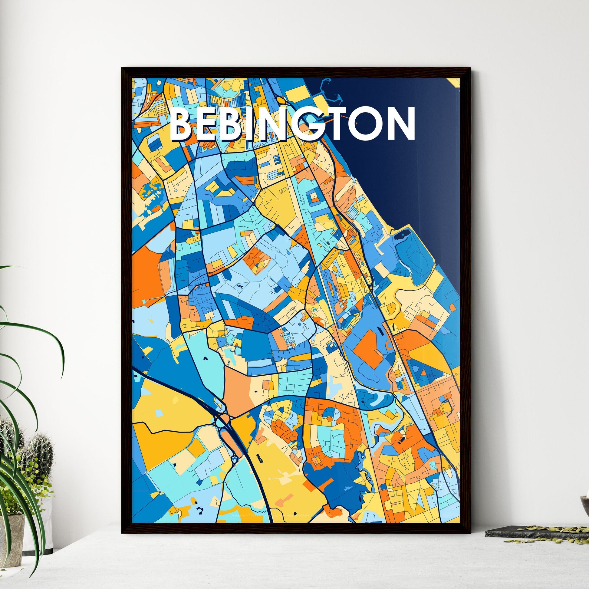 BEBINGTON ENGLAND Vibrant Colorful Art Map Poster Blue Orange