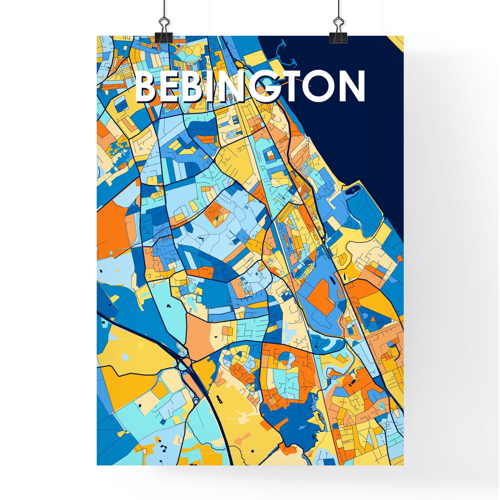 BEBINGTON ENGLAND Vibrant Colorful Art Map Poster Blue Orange