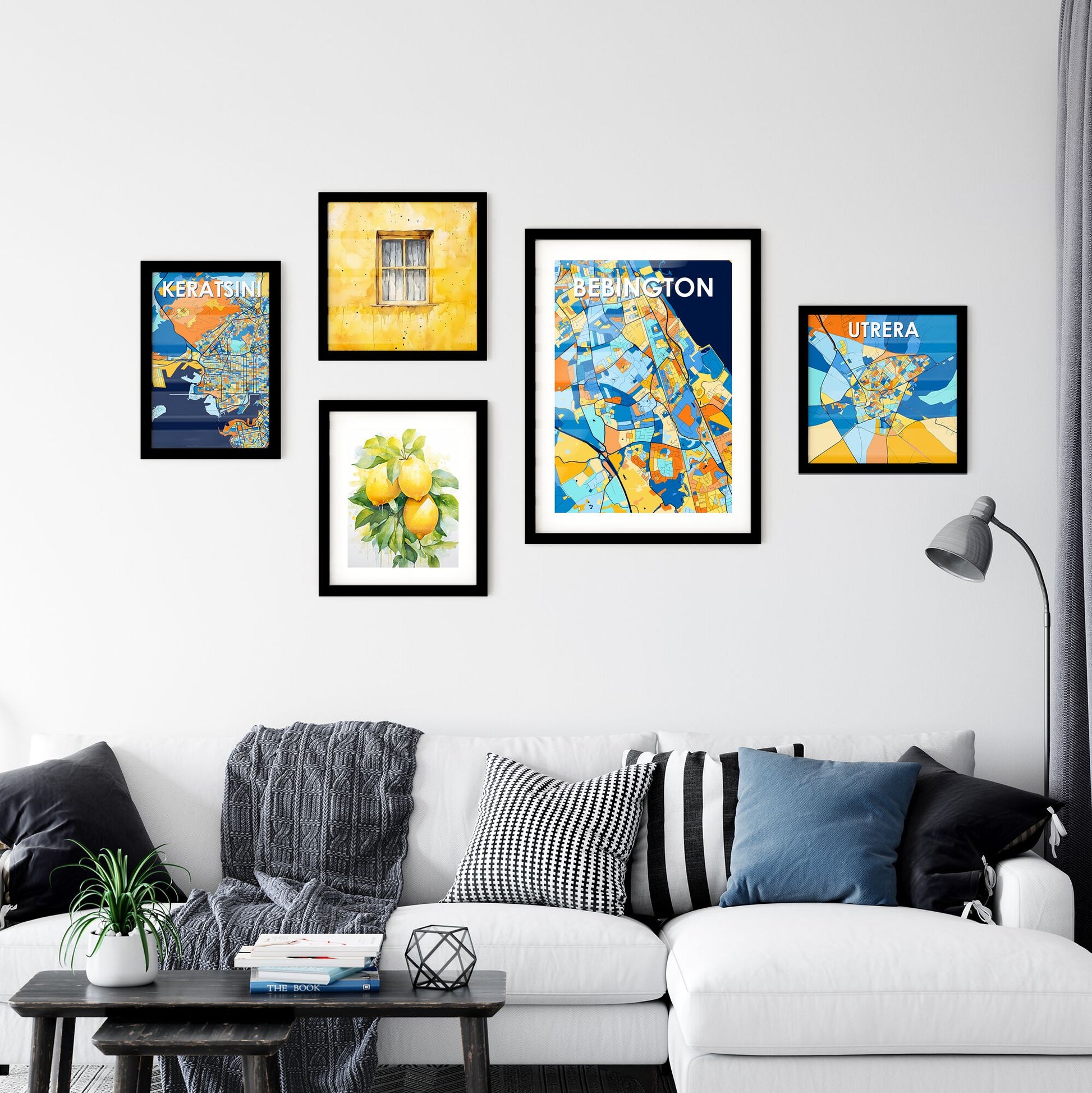 BEBINGTON ENGLAND Vibrant Colorful Art Map Poster Blue Orange