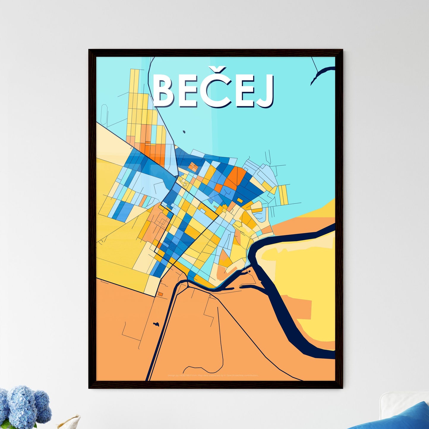 BEČEJ SERBIA Vibrant Colorful Art Map Poster Blue Orange