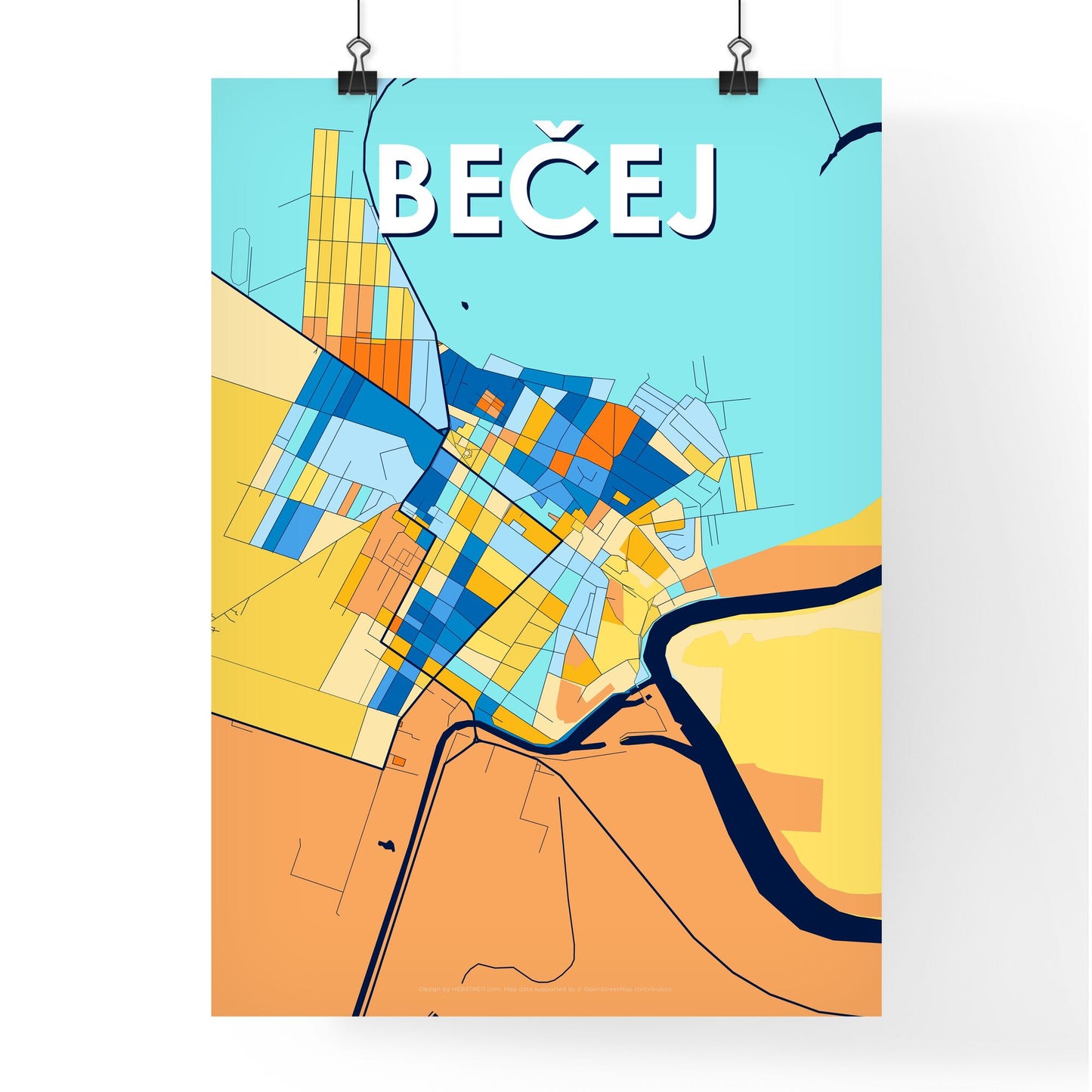 BEČEJ SERBIA Vibrant Colorful Art Map Poster Blue Orange