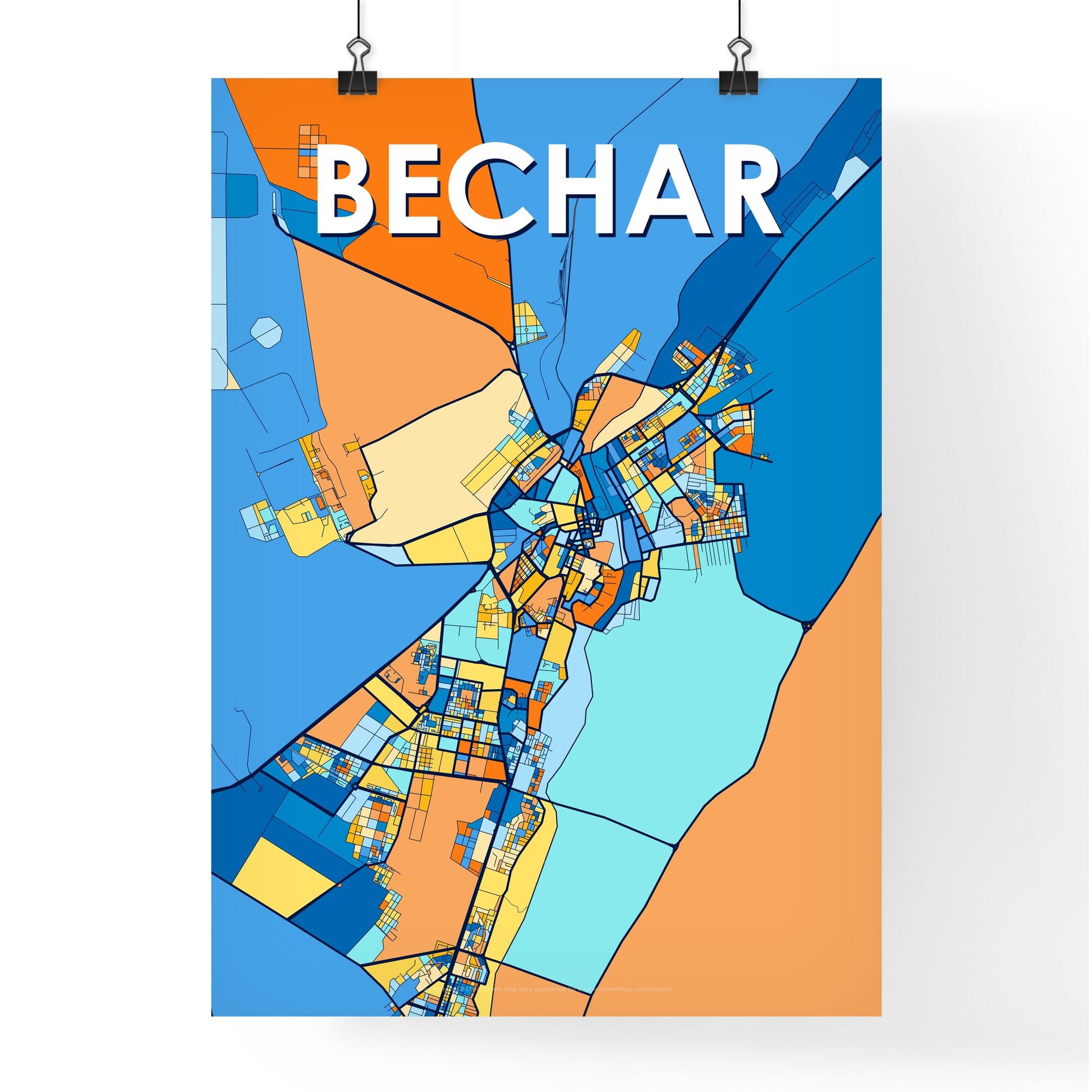 BECHAR ALGERIA Vibrant Colorful Art Map Poster Blue Orange