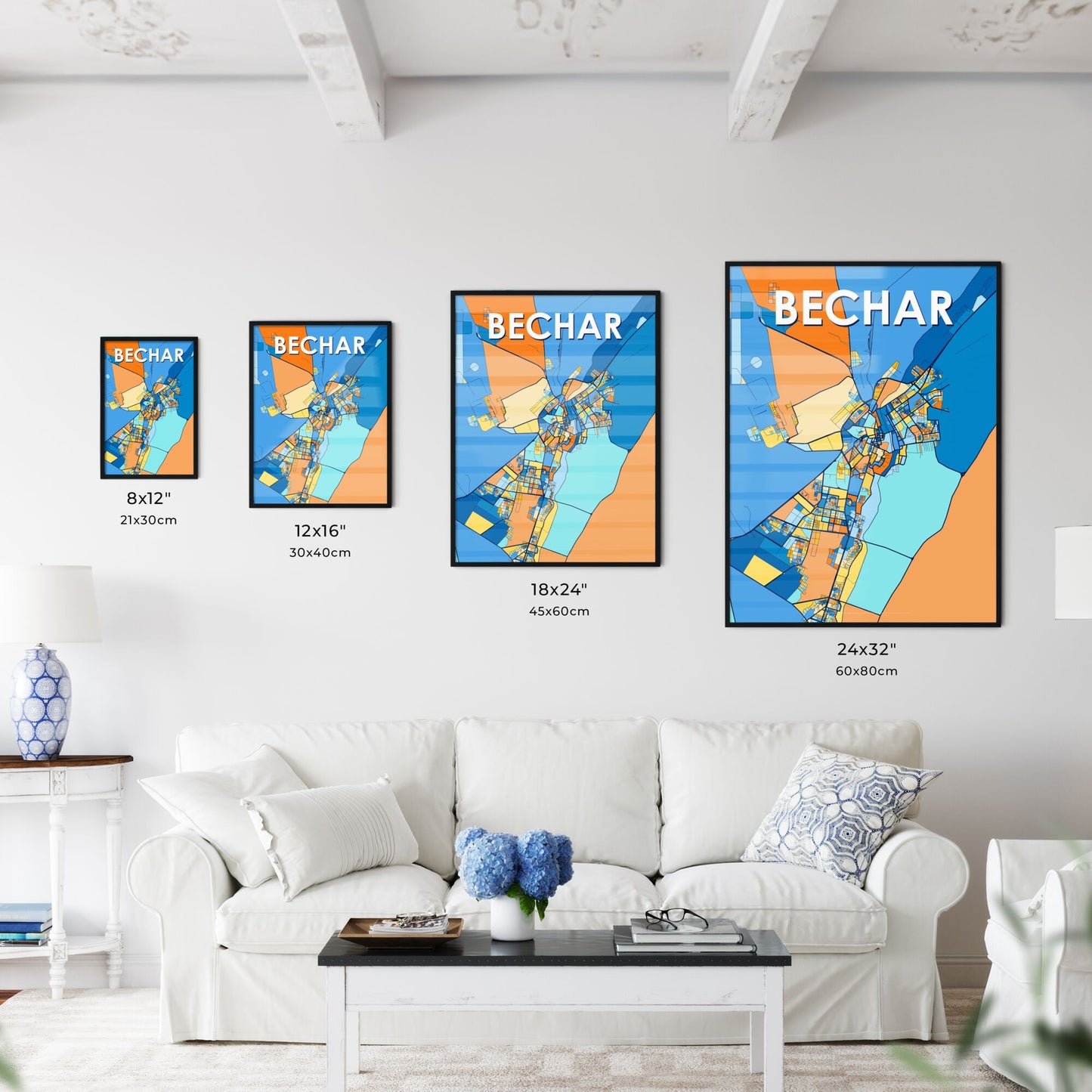 BECHAR ALGERIA Vibrant Colorful Art Map Poster Blue Orange