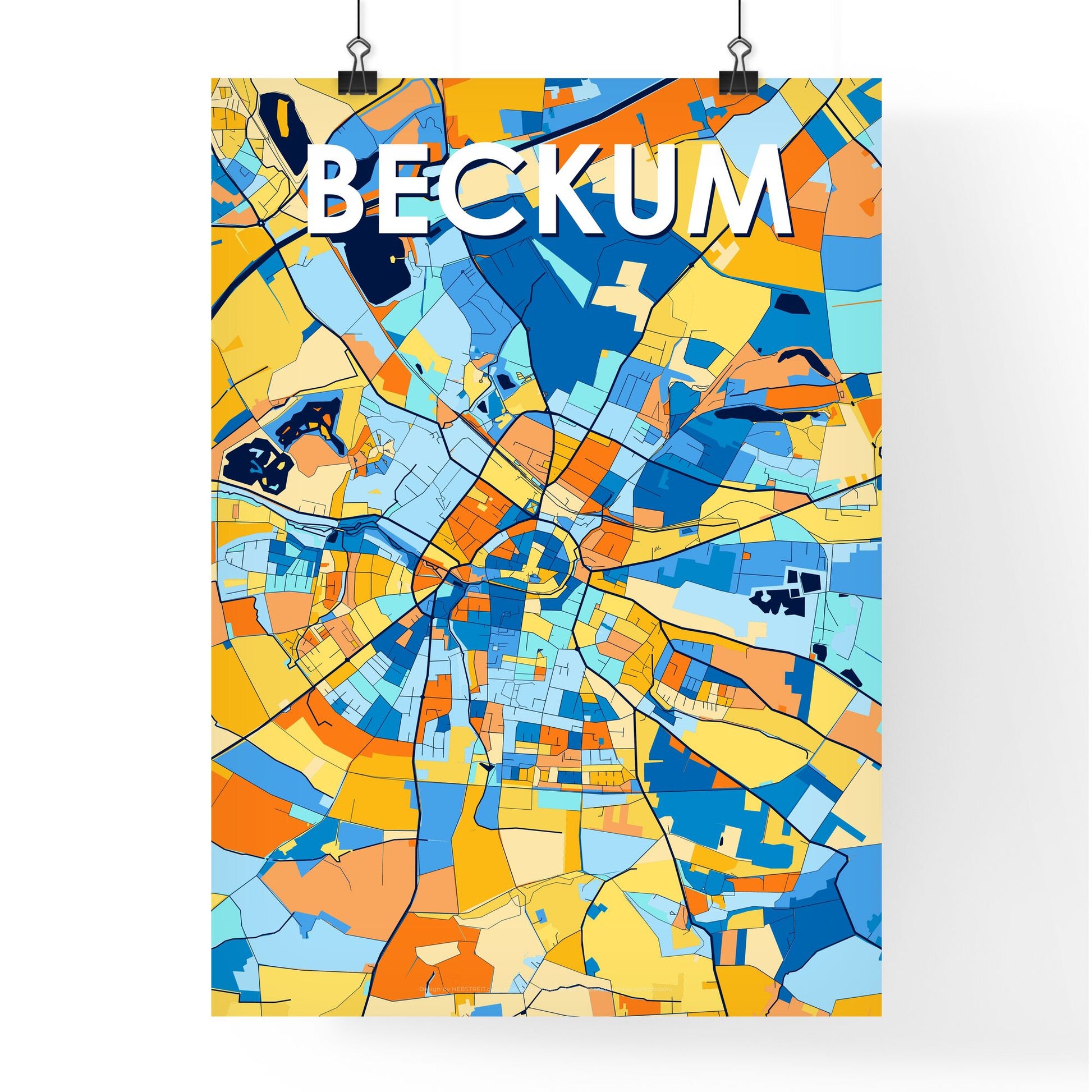 BECKUM GERMANY Vibrant Colorful Art Map Poster Blue Orange