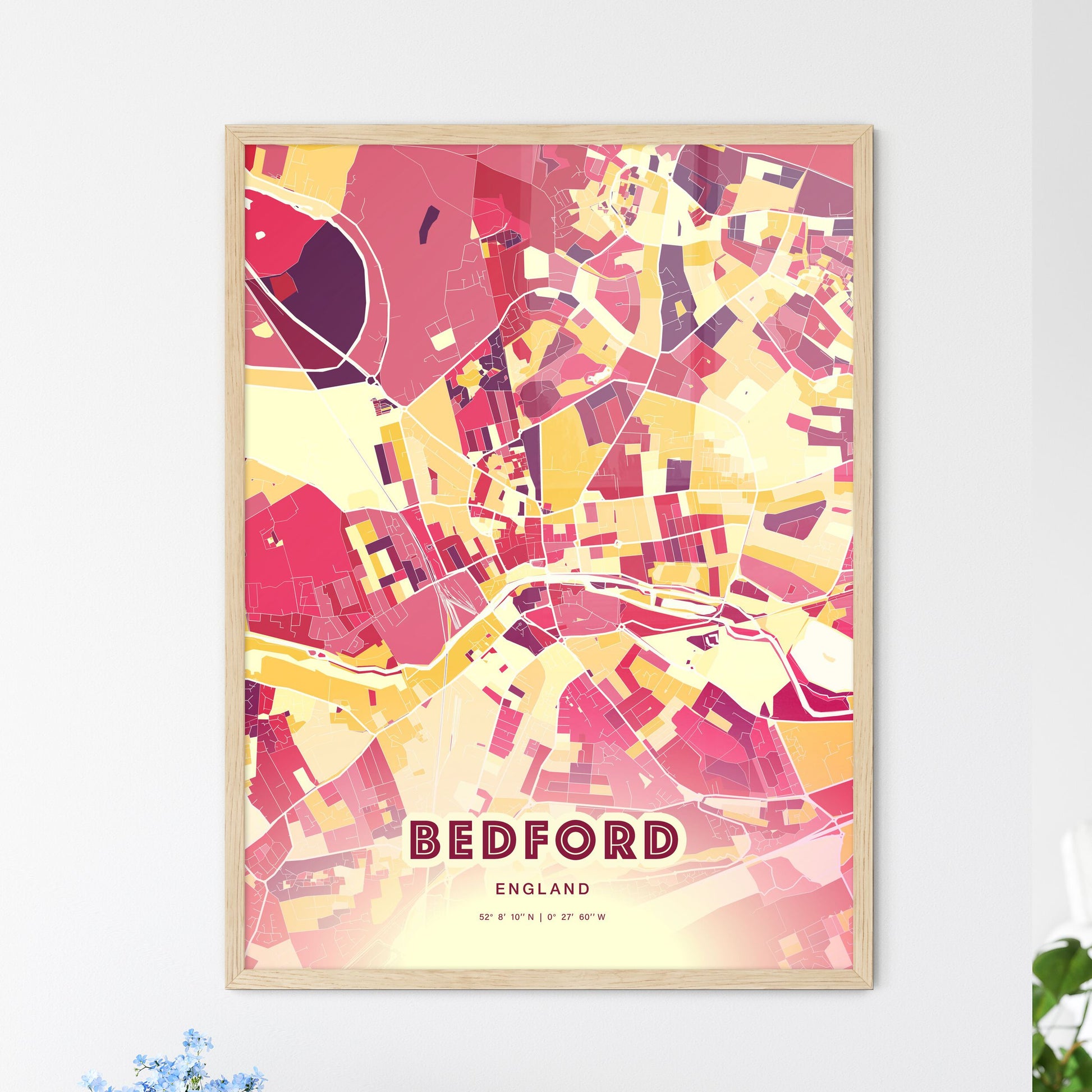 Colorful Bedford England Fine Art Map Hot Red