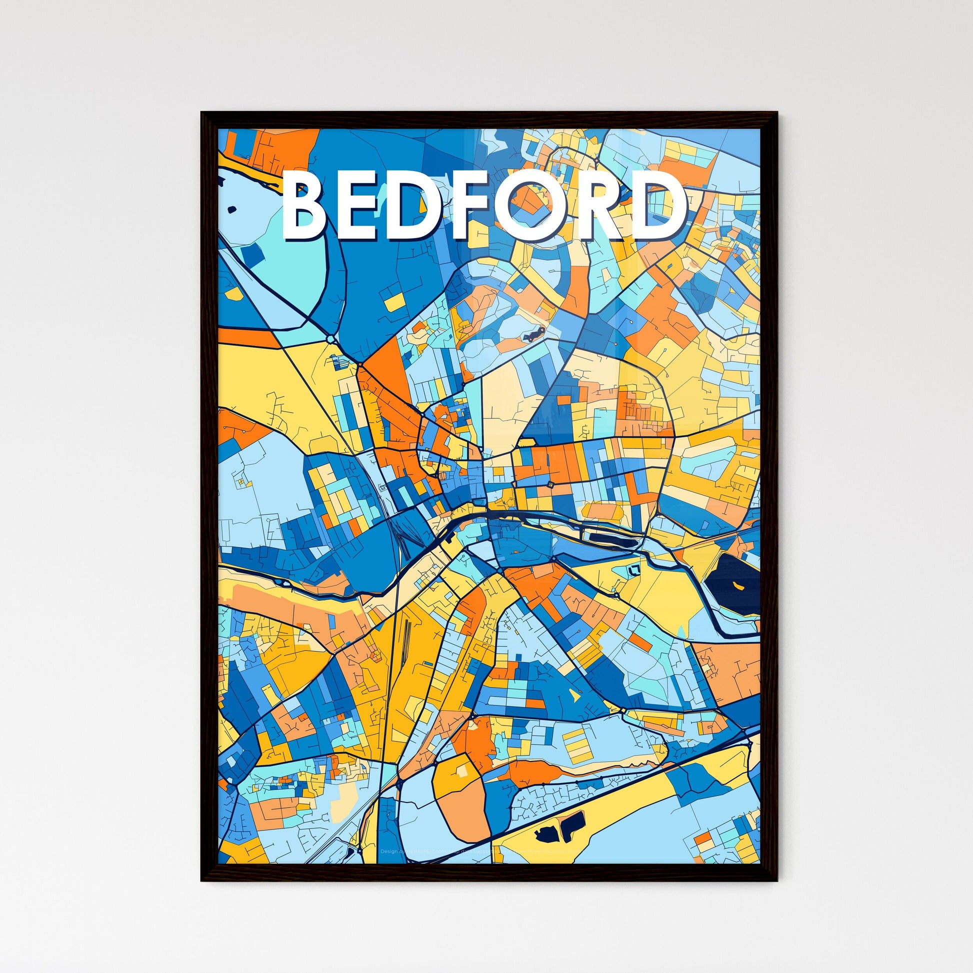 BEDFORD ENGLAND Vibrant Colorful Art Map Poster Blue Orange