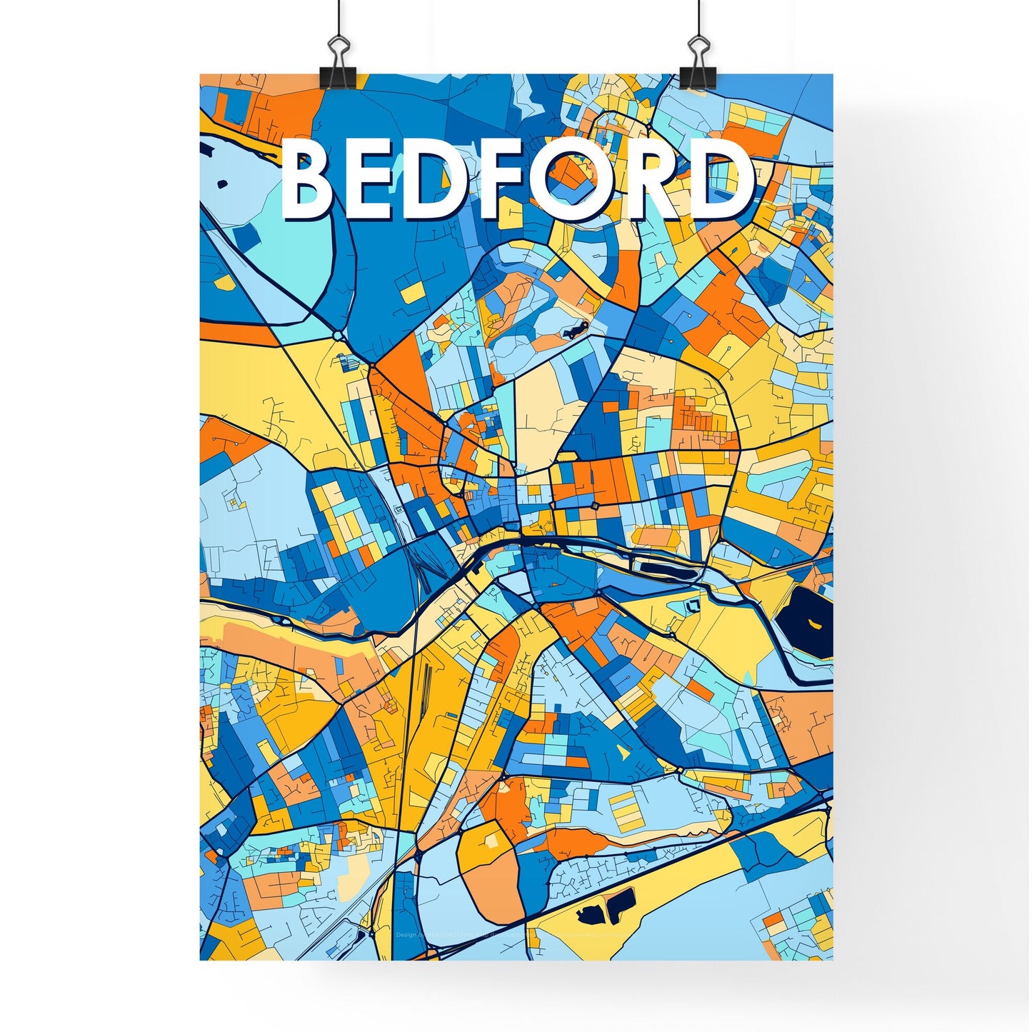 BEDFORD ENGLAND Vibrant Colorful Art Map Poster Blue Orange