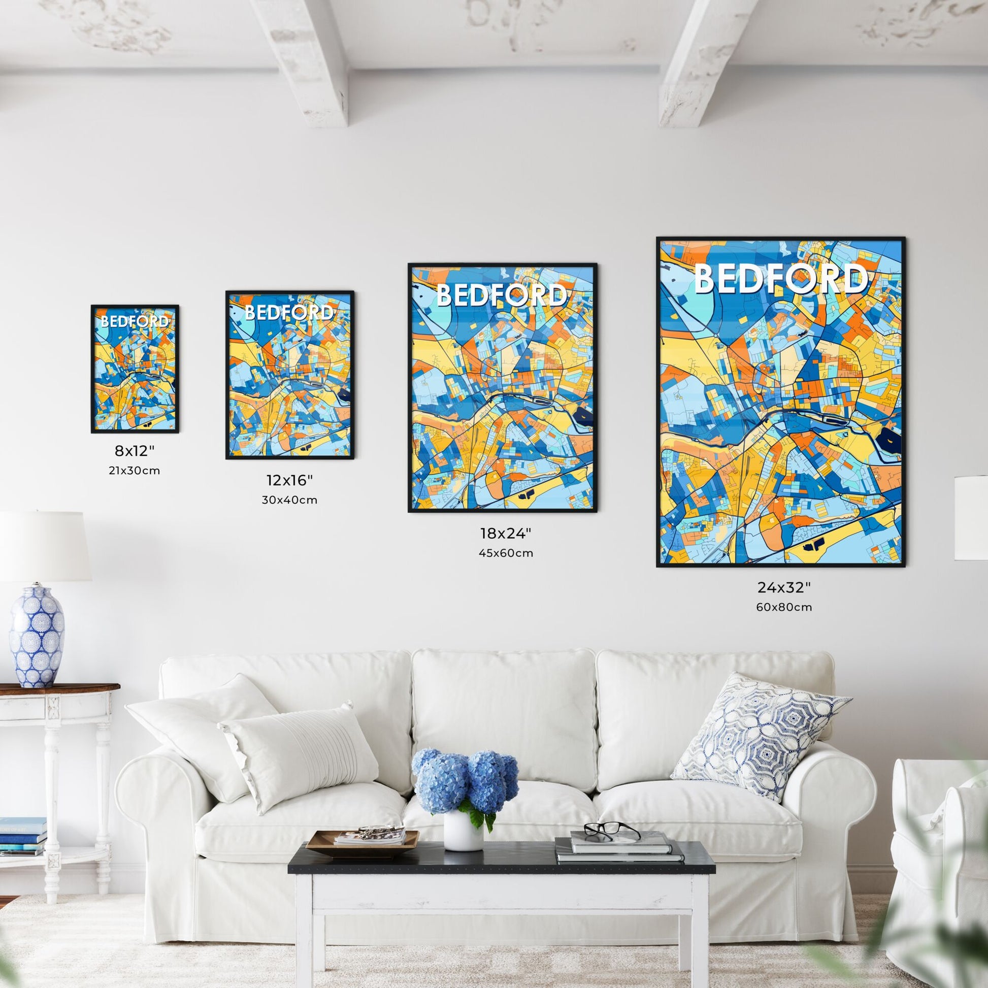 BEDFORD ENGLAND Vibrant Colorful Art Map Poster Blue Orange