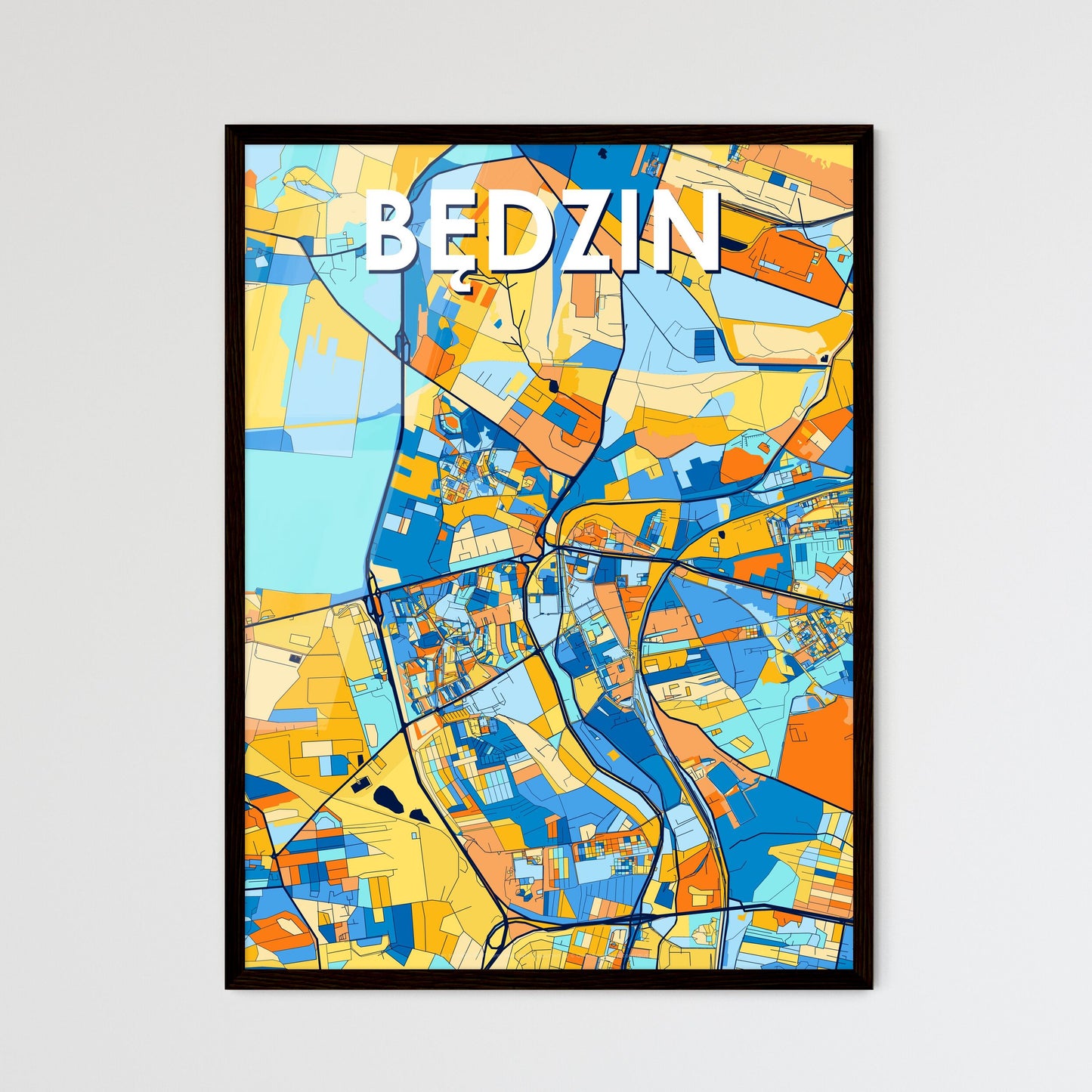 BĘDZIN POLAND Vibrant Colorful Art Map Poster Blue Orange