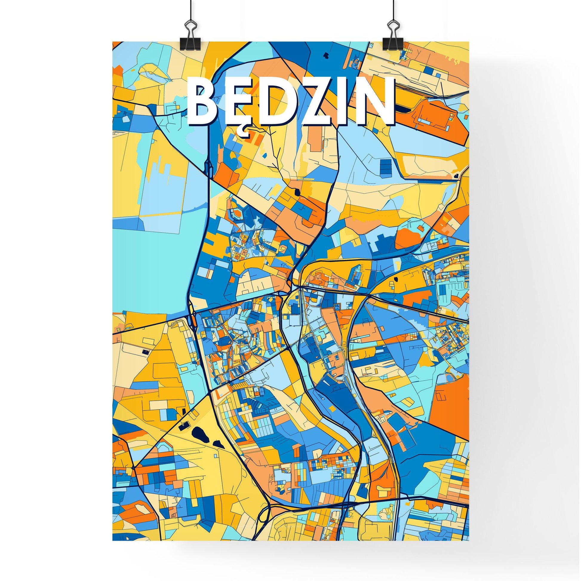 BĘDZIN POLAND Vibrant Colorful Art Map Poster Blue Orange