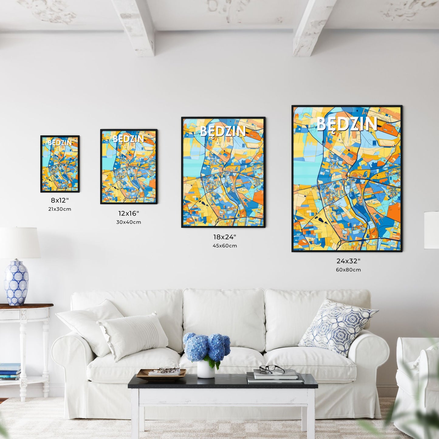 BĘDZIN POLAND Vibrant Colorful Art Map Poster Blue Orange