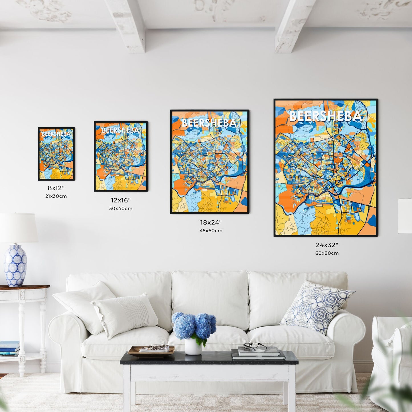 BEERSHEBA ISRAEL Vibrant Colorful Art Map Poster Blue Orange