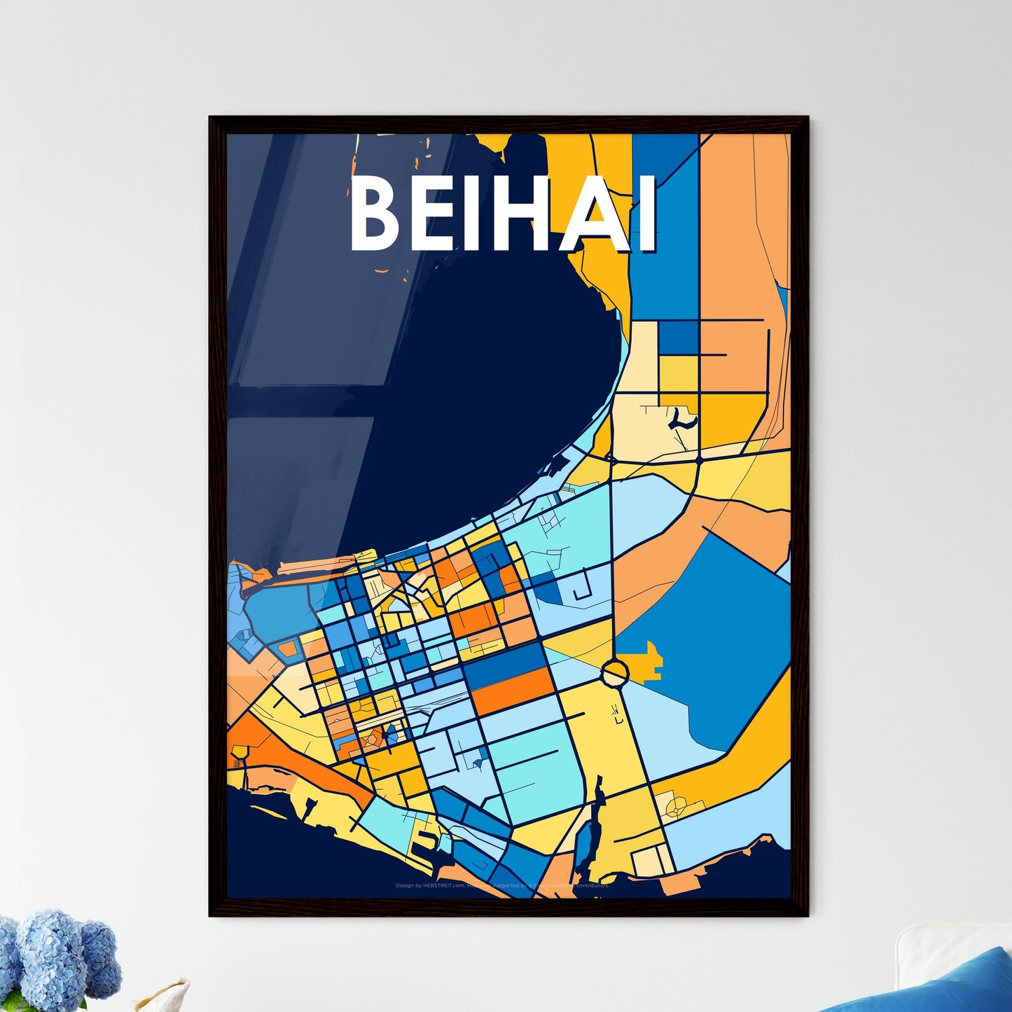 BEIHAI CHINA Vibrant Colorful Art Map Poster Blue Orange