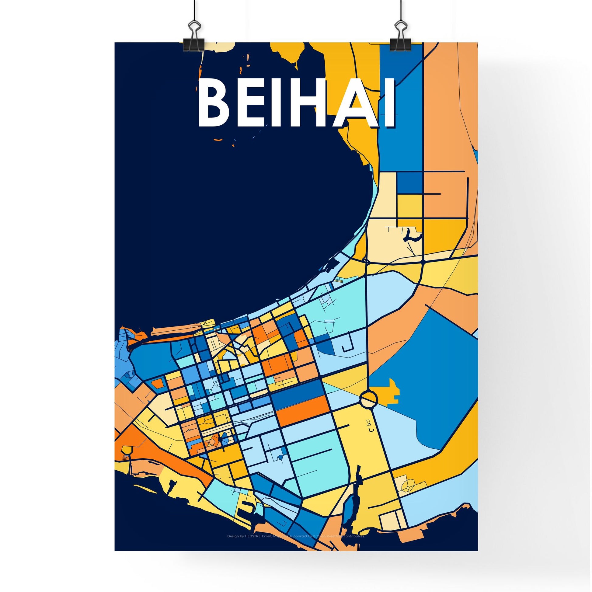 BEIHAI CHINA Vibrant Colorful Art Map Poster Blue Orange