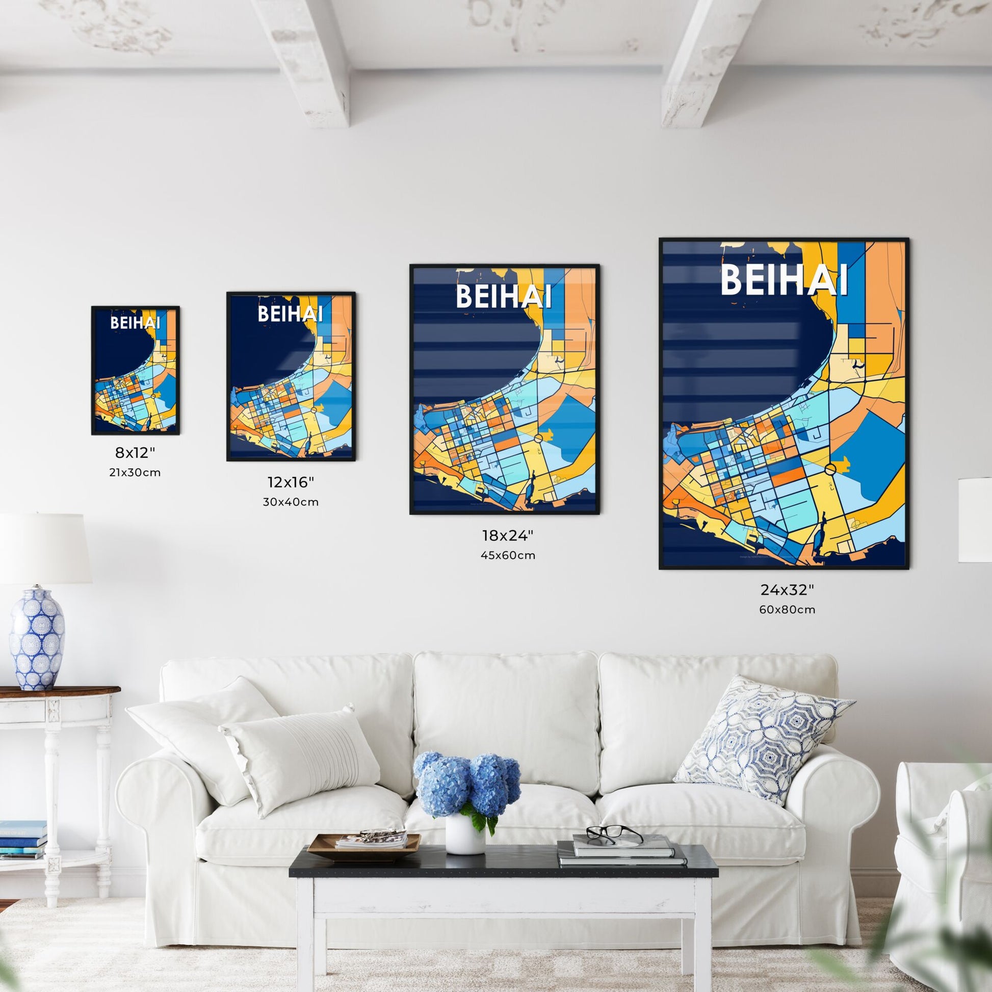 BEIHAI CHINA Vibrant Colorful Art Map Poster Blue Orange