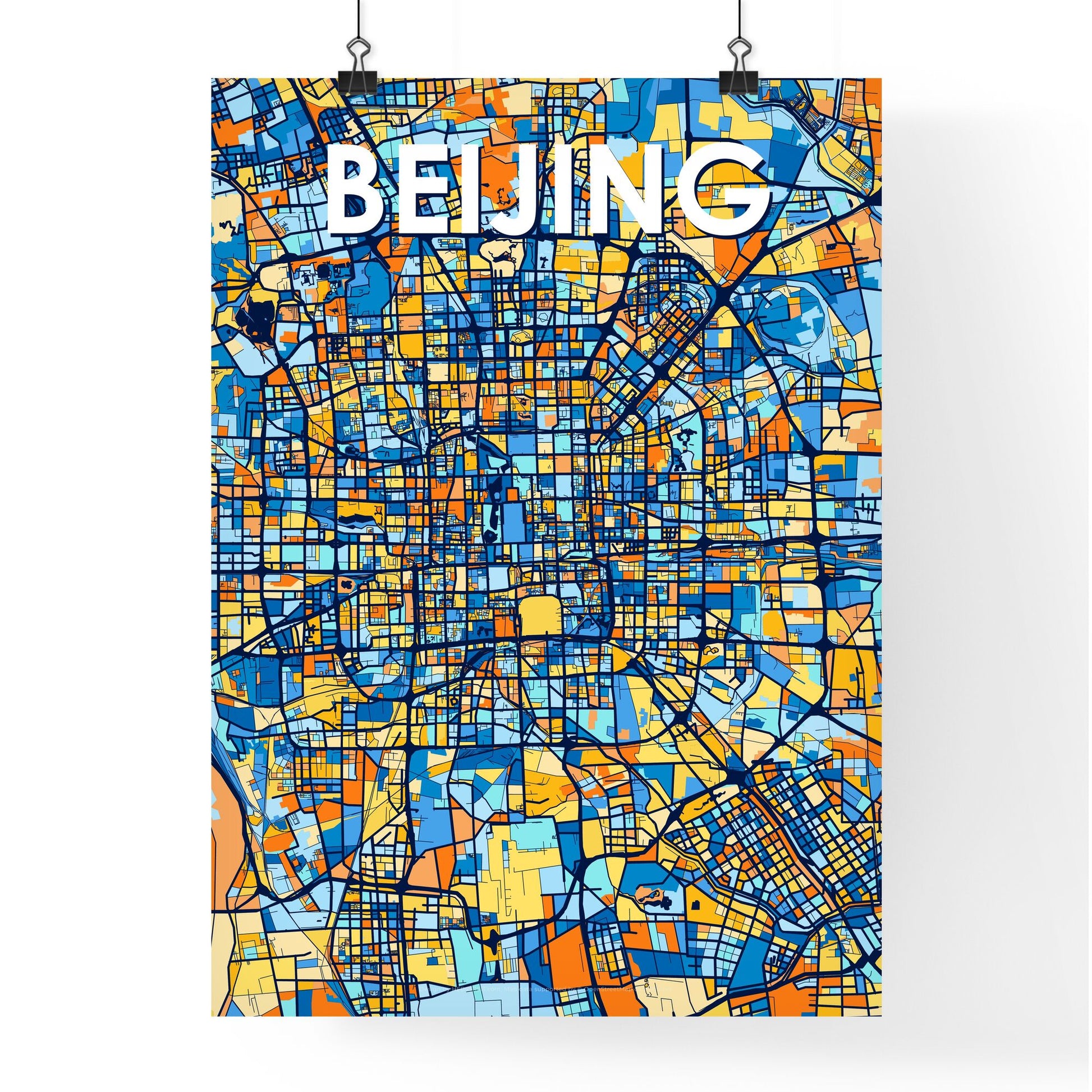 BEIJING CHINA Vibrant Colorful Art Map Poster Blue Orange