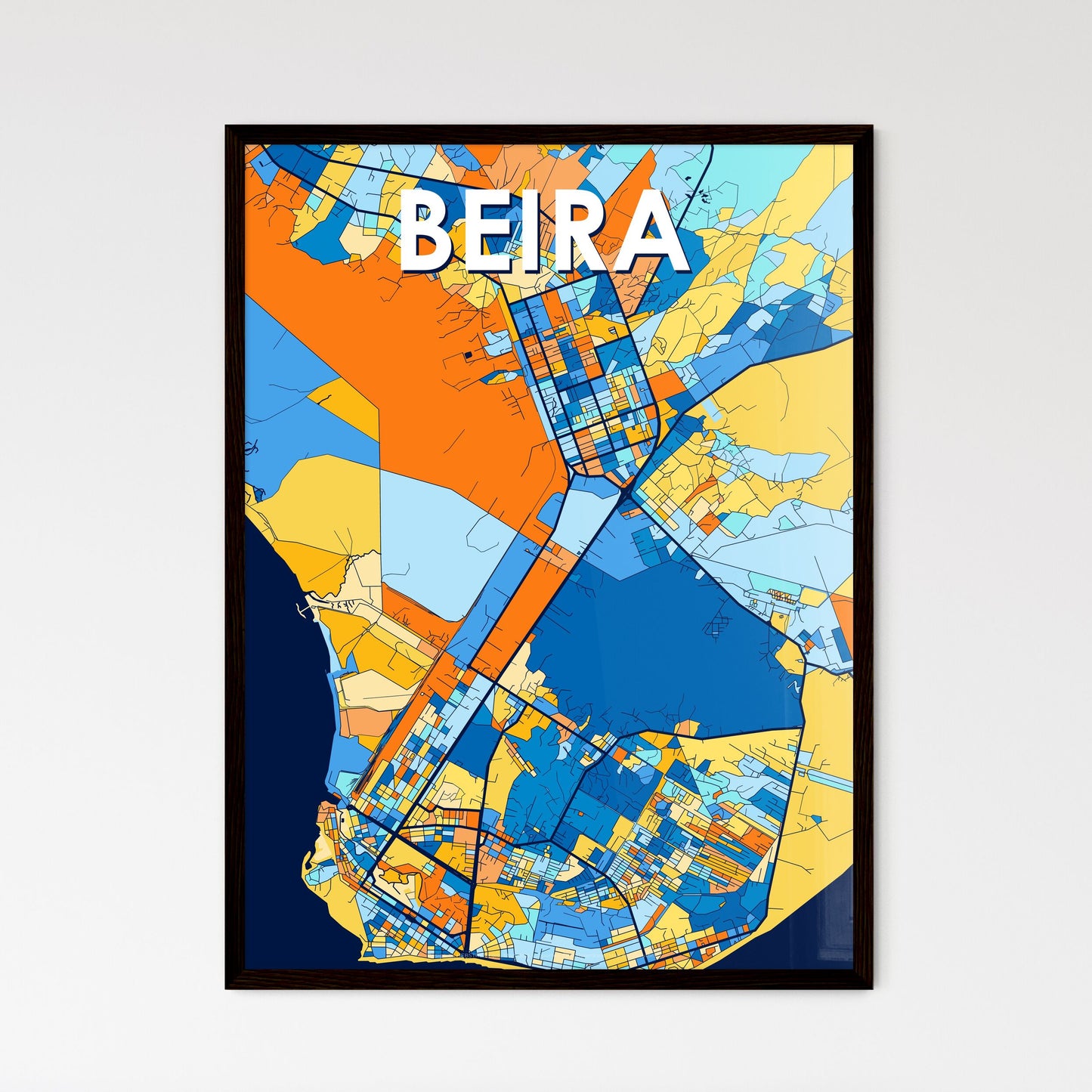 BEIRA MOZAMBIQUE Vibrant Colorful Art Map Poster Blue Orange