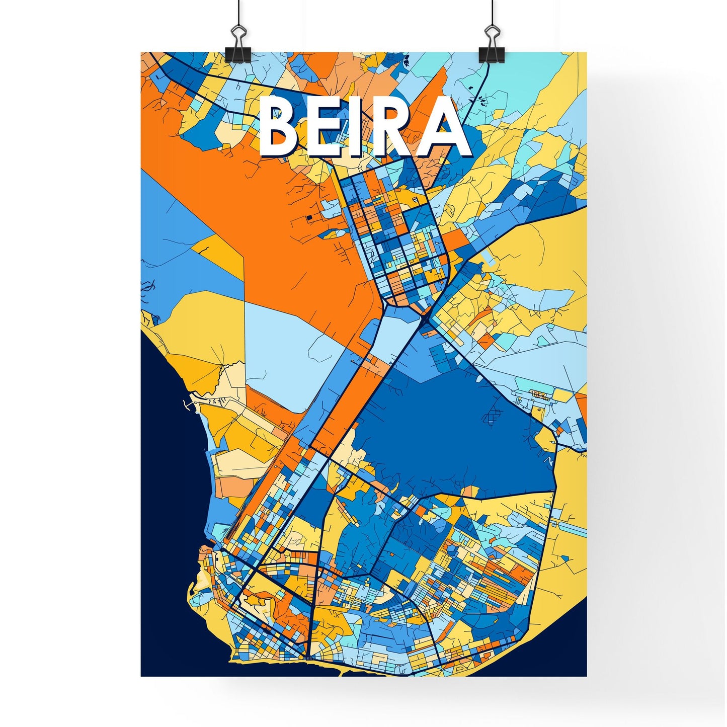 BEIRA MOZAMBIQUE Vibrant Colorful Art Map Poster Blue Orange