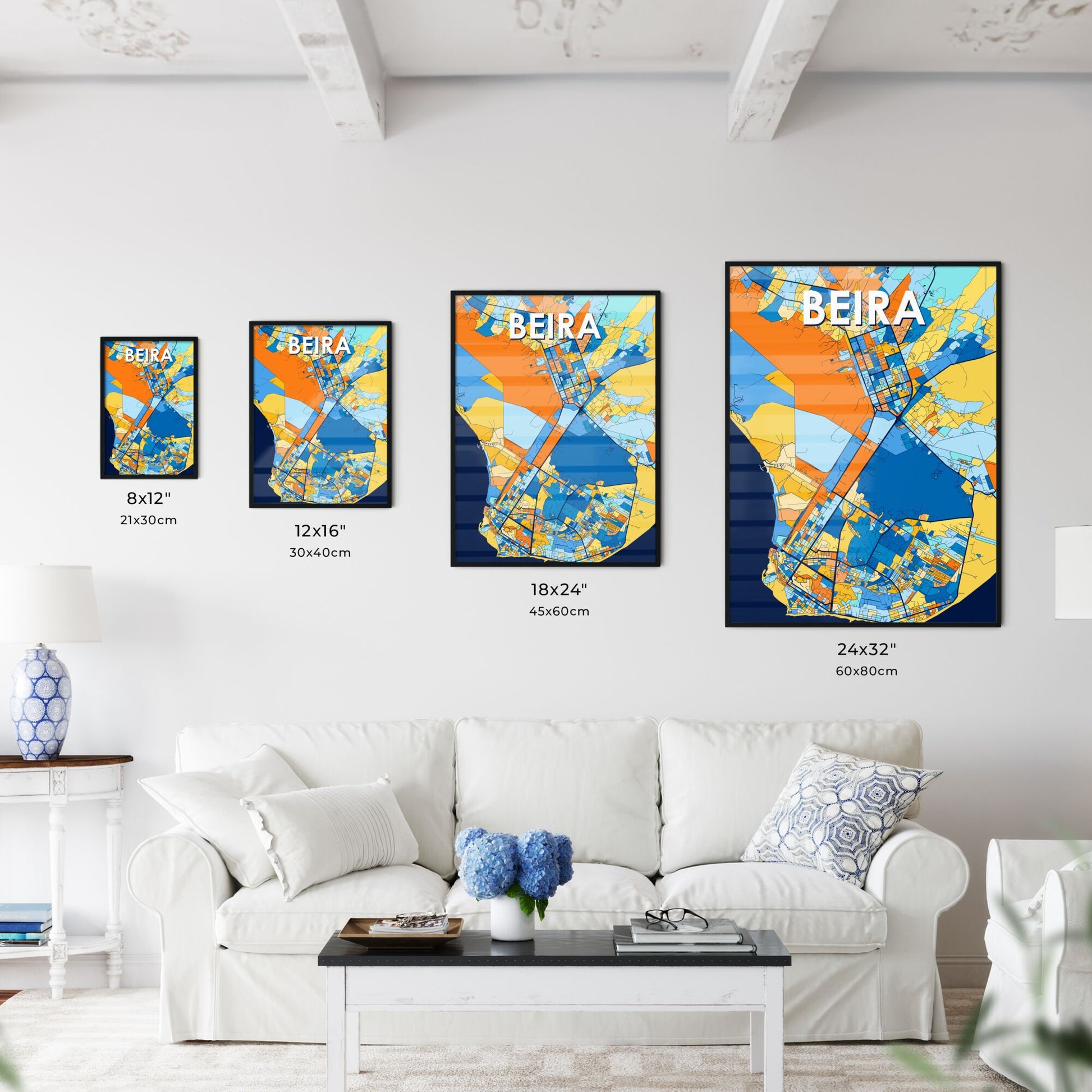 BEIRA MOZAMBIQUE Vibrant Colorful Art Map Poster Blue Orange