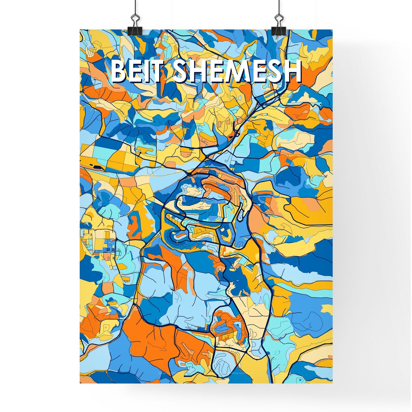 BEIT SHEMESH ISRAEL Vibrant Colorful Art Map Poster Blue Orange