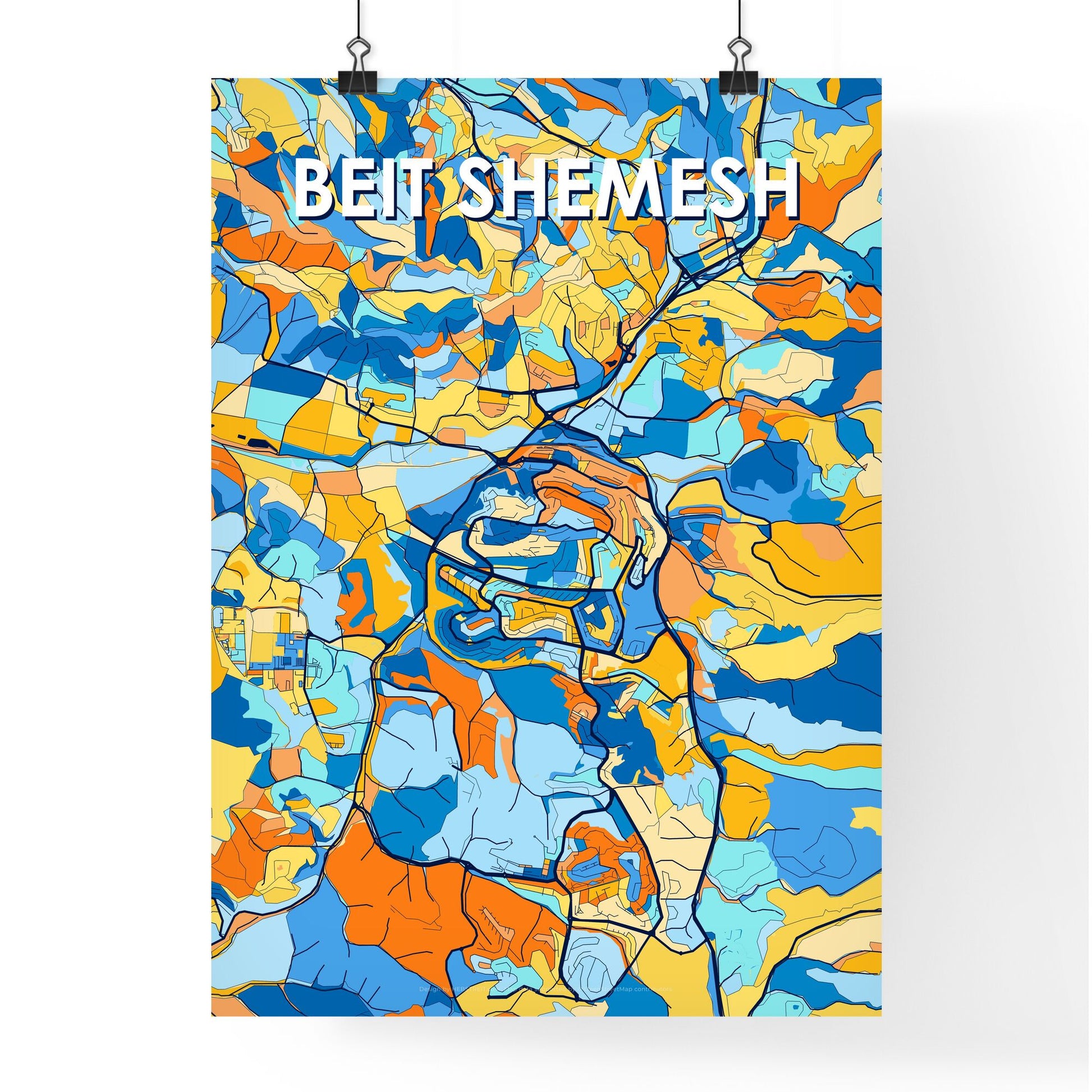 BEIT SHEMESH ISRAEL Vibrant Colorful Art Map Poster Blue Orange