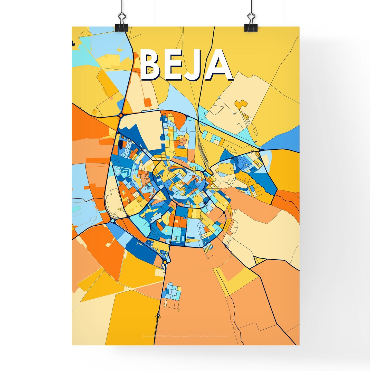 BEJA PORTUGAL Vibrant Colorful Art Map Poster Blue Orange