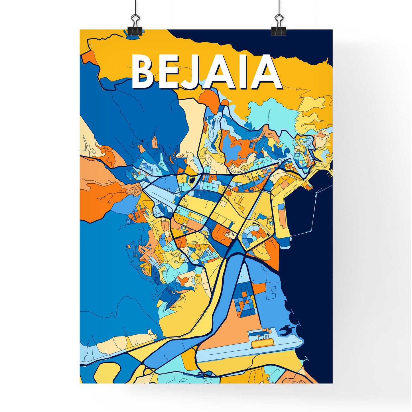 BEJAIA ALGERIA Vibrant Colorful Art Map Poster Blue Orange