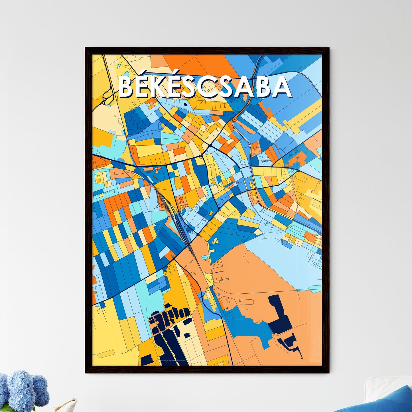 BÉKÉSCSABA HUNGARY Vibrant Colorful Art Map Poster Blue Orange