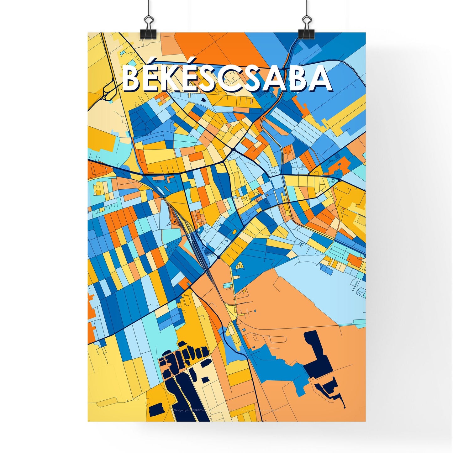 BÉKÉSCSABA HUNGARY Vibrant Colorful Art Map Poster Blue Orange