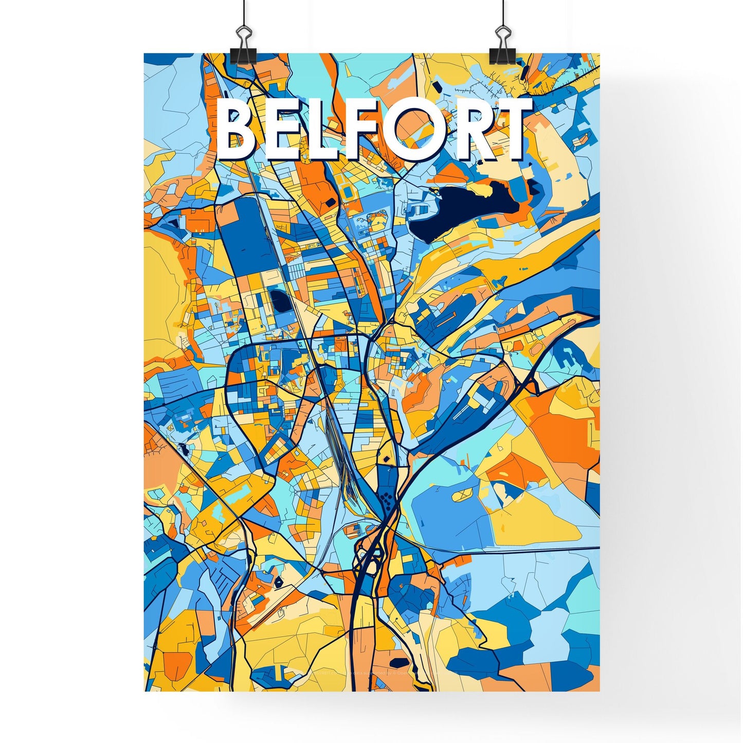 BELFORT FRANCE Vibrant Colorful Art Map Poster Blue Orange