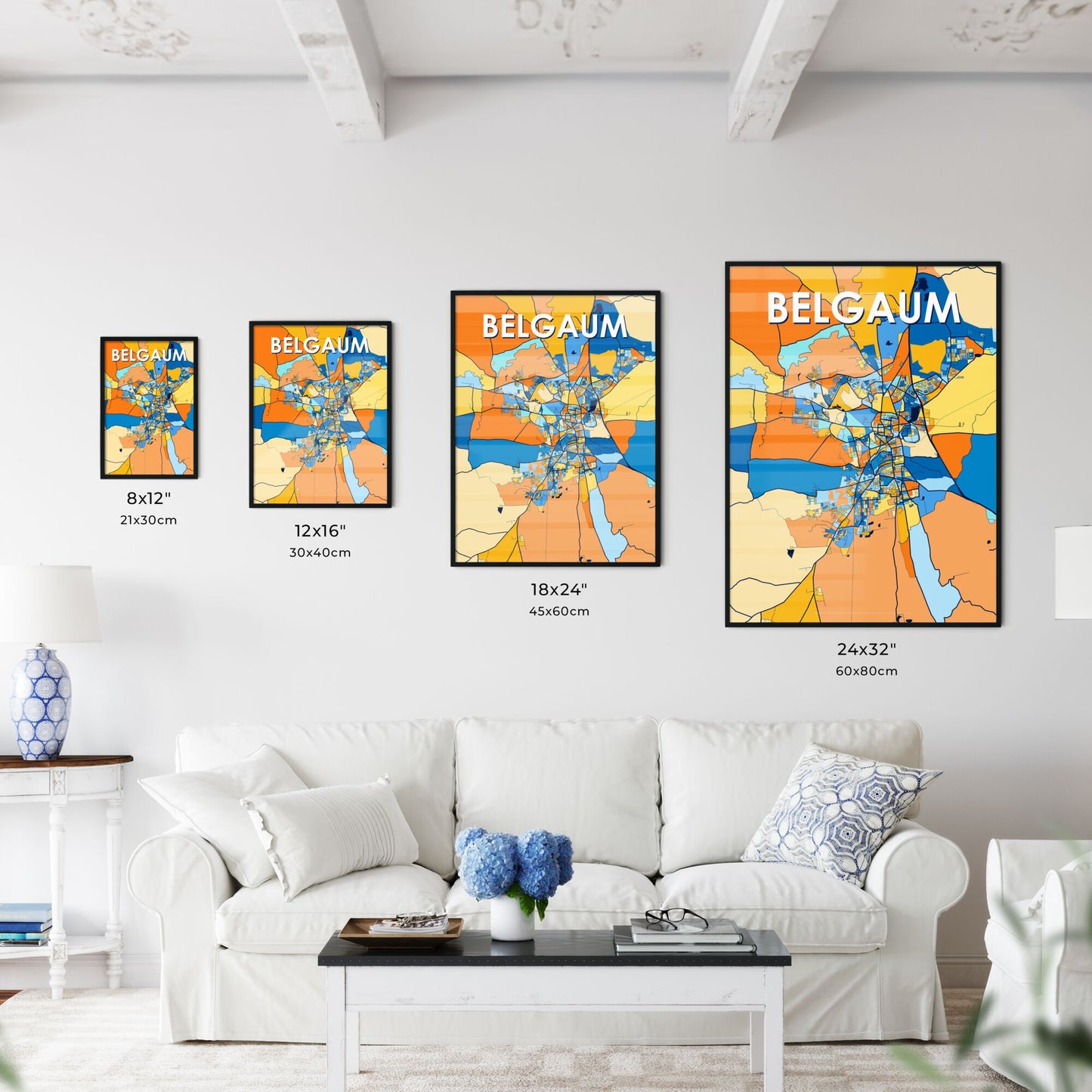 BELGAUM INDIA Vibrant Colorful Art Map Poster Blue Orange