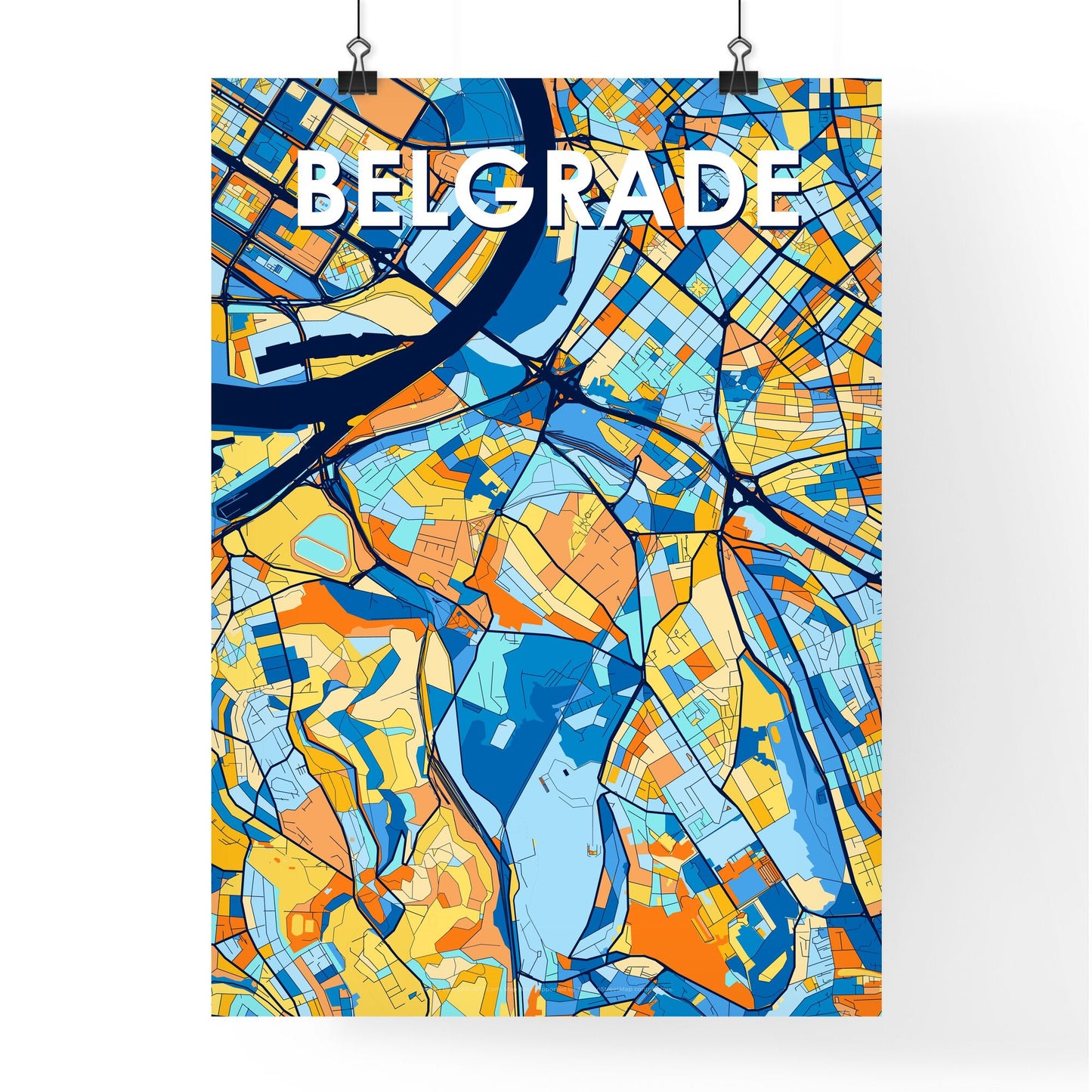 BELGRADE SERBIA Vibrant Colorful Art Map Poster Blue Orange