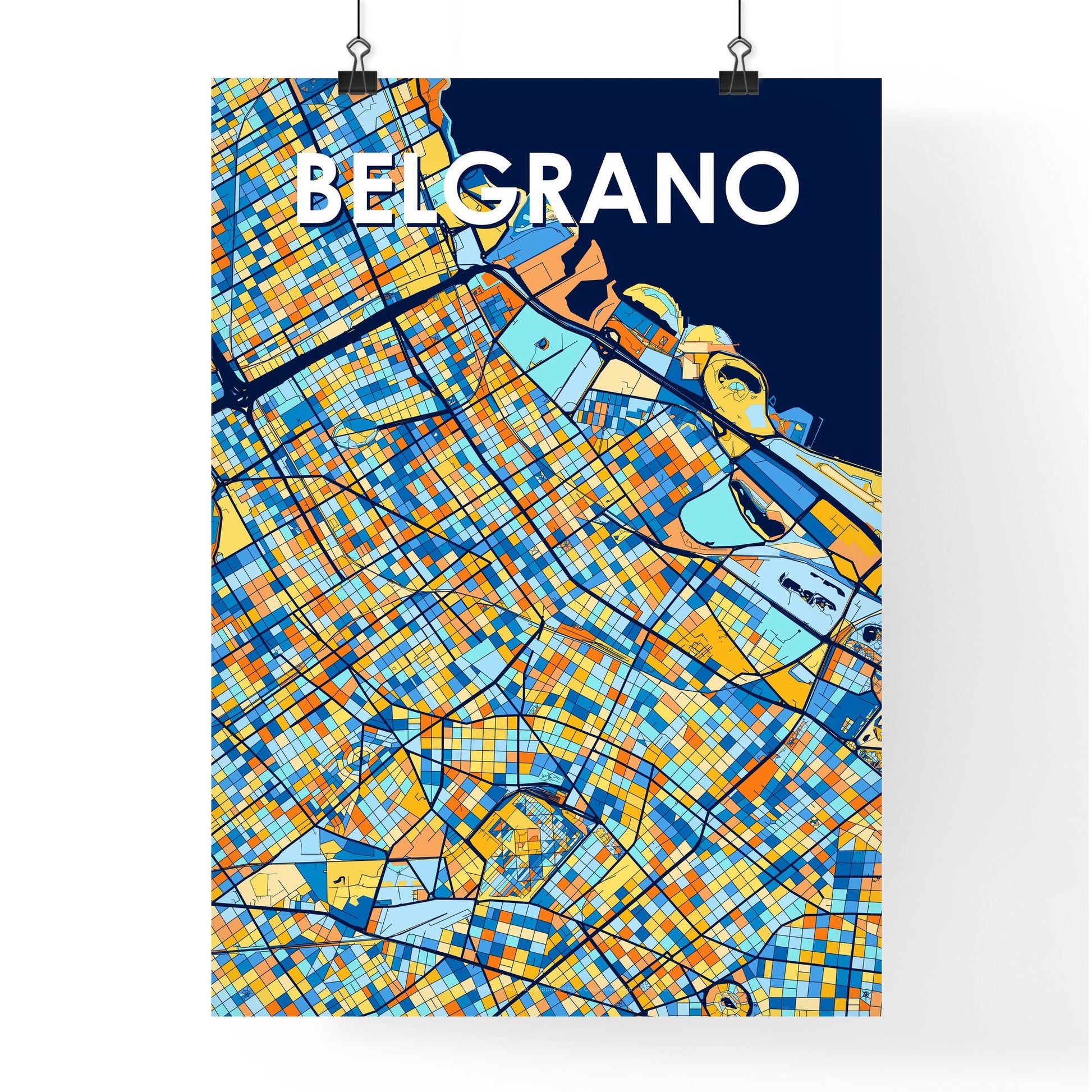 BELGRANO ARGENTINA Vibrant Colorful Art Map Poster Blue Orange