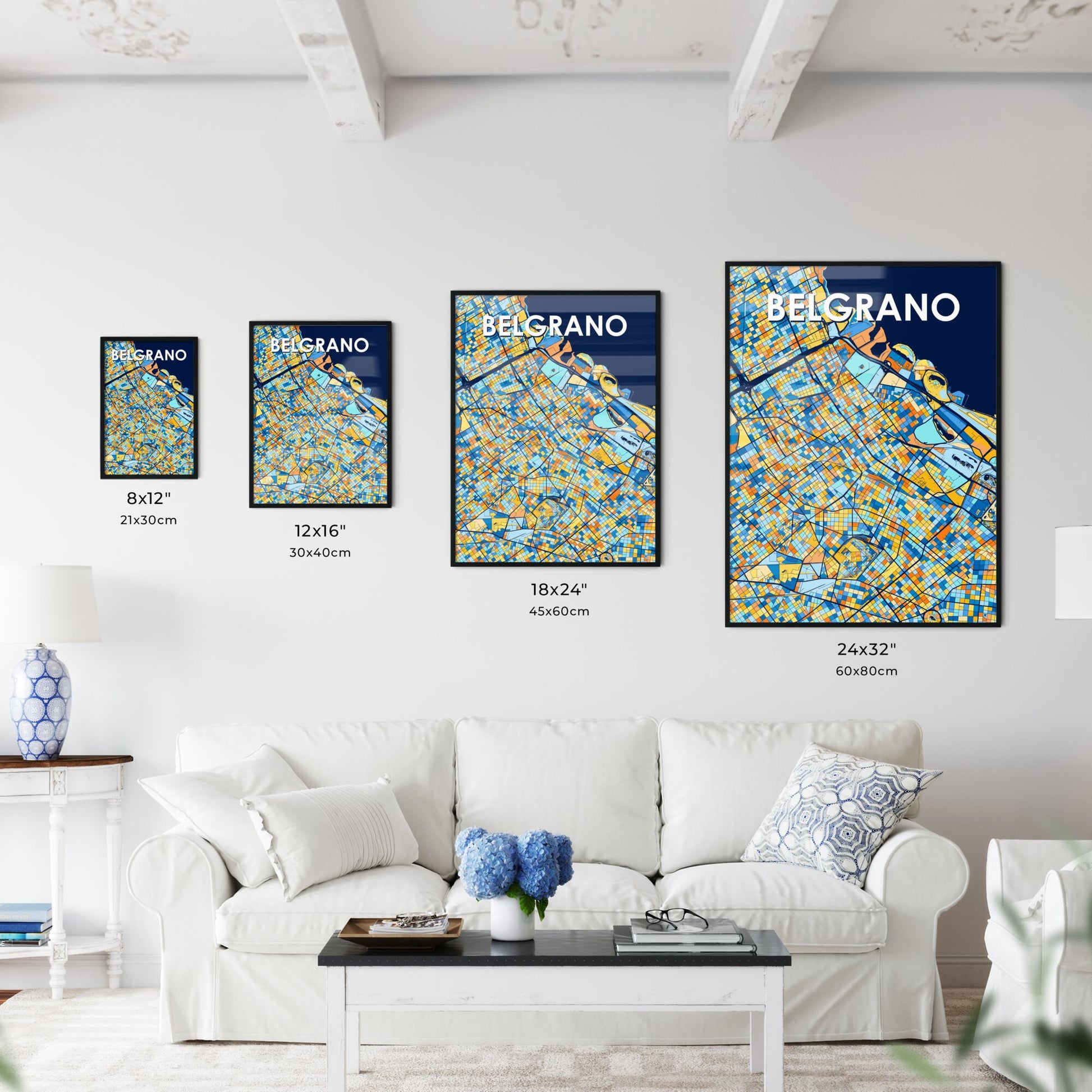 BELGRANO ARGENTINA Vibrant Colorful Art Map Poster Blue Orange