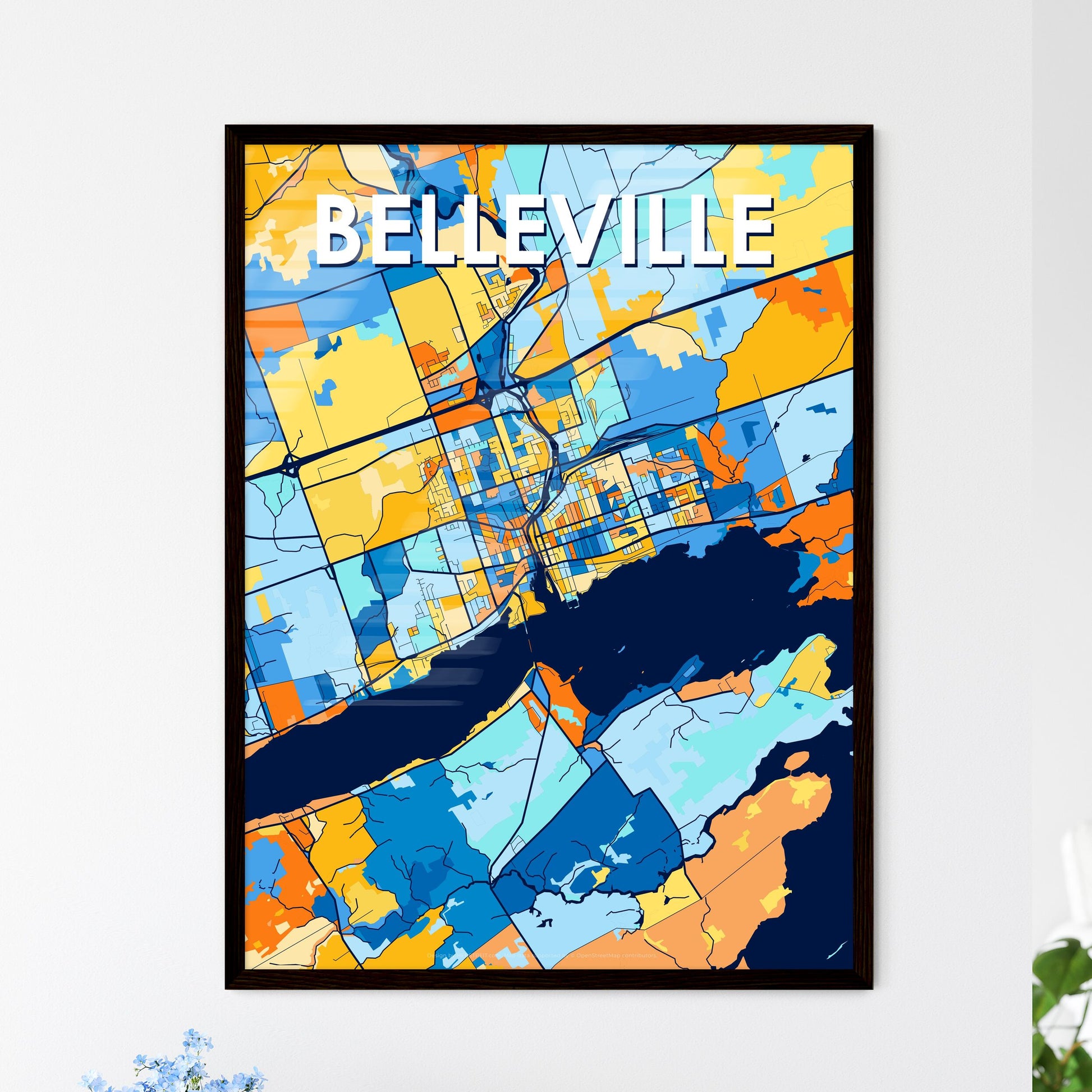 BELLEVILLE CANADA Vibrant Colorful Art Map Poster Blue Orange