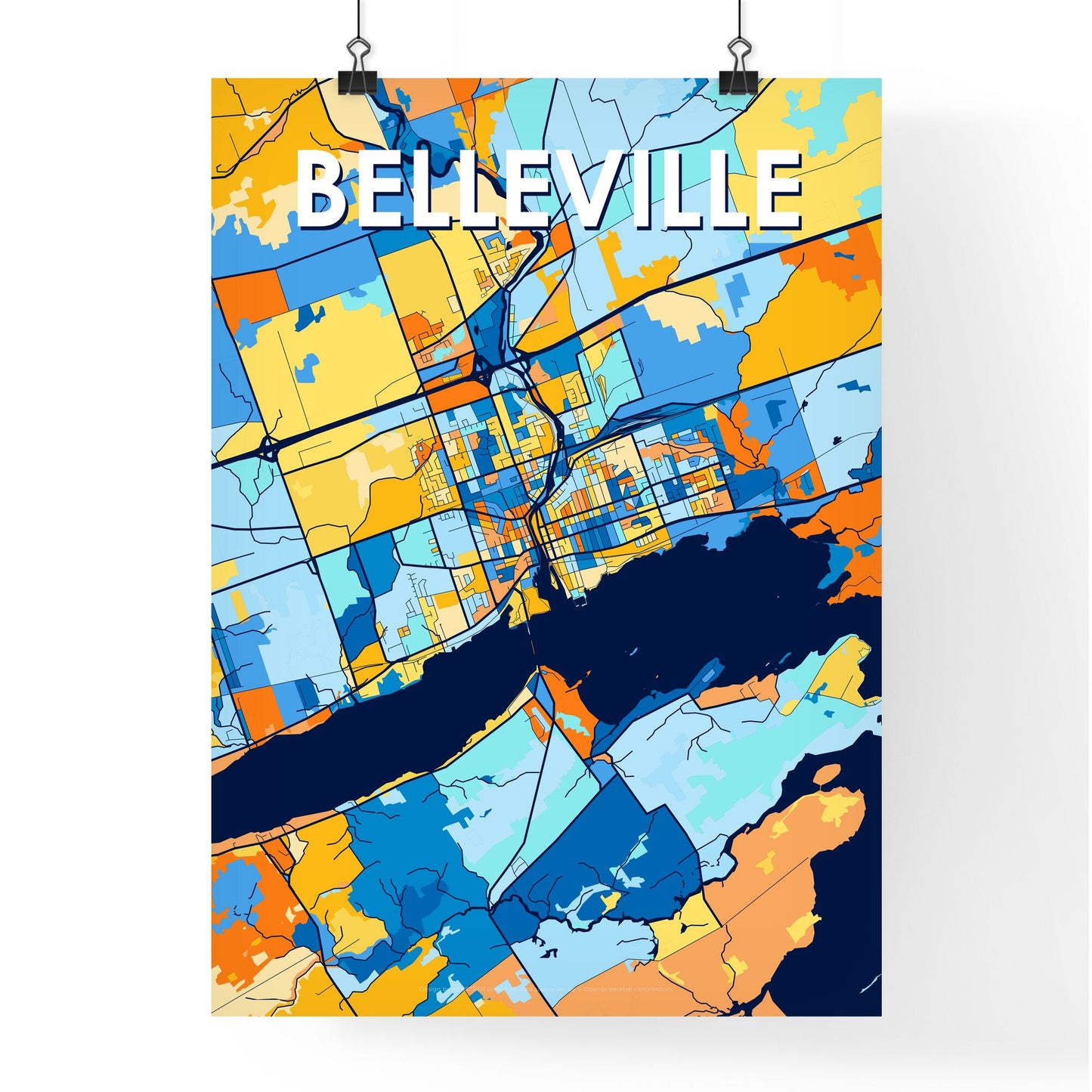 BELLEVILLE CANADA Vibrant Colorful Art Map Poster Blue Orange