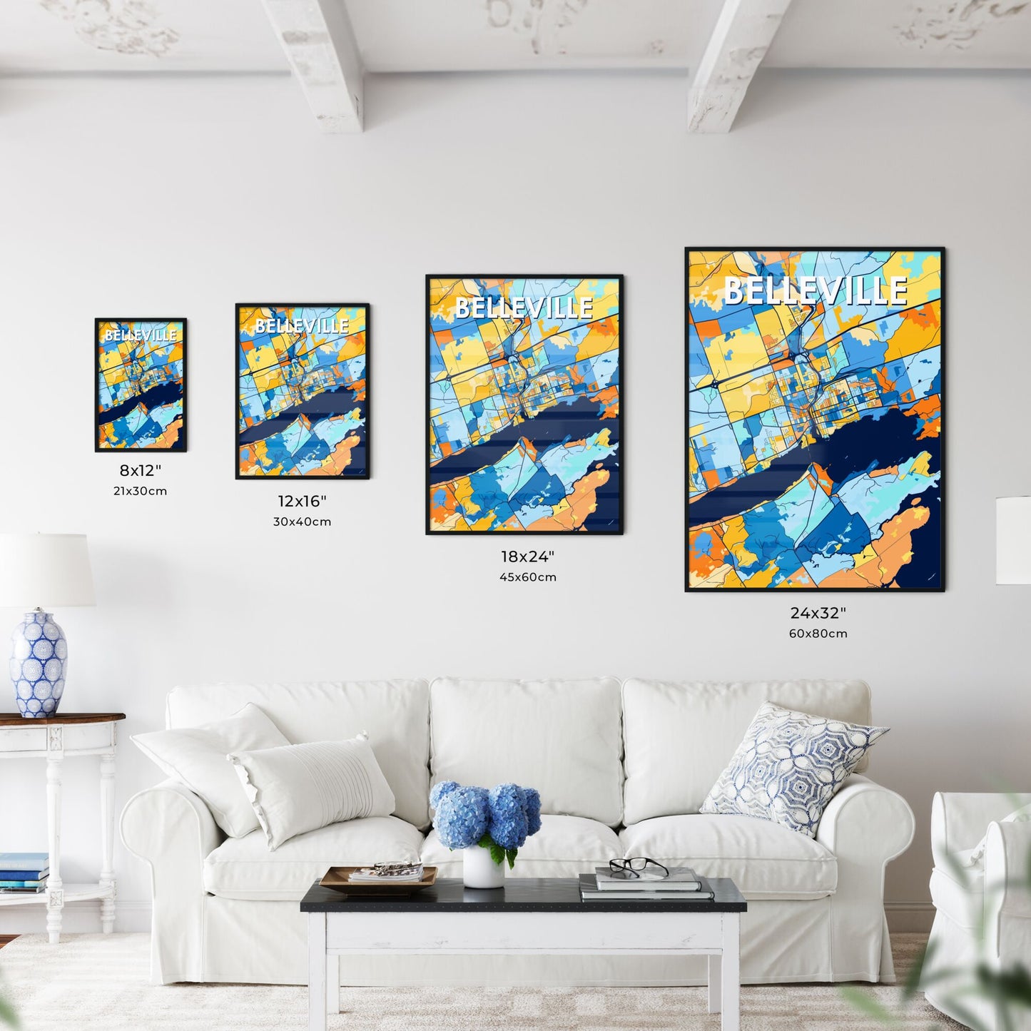 BELLEVILLE CANADA Vibrant Colorful Art Map Poster Blue Orange