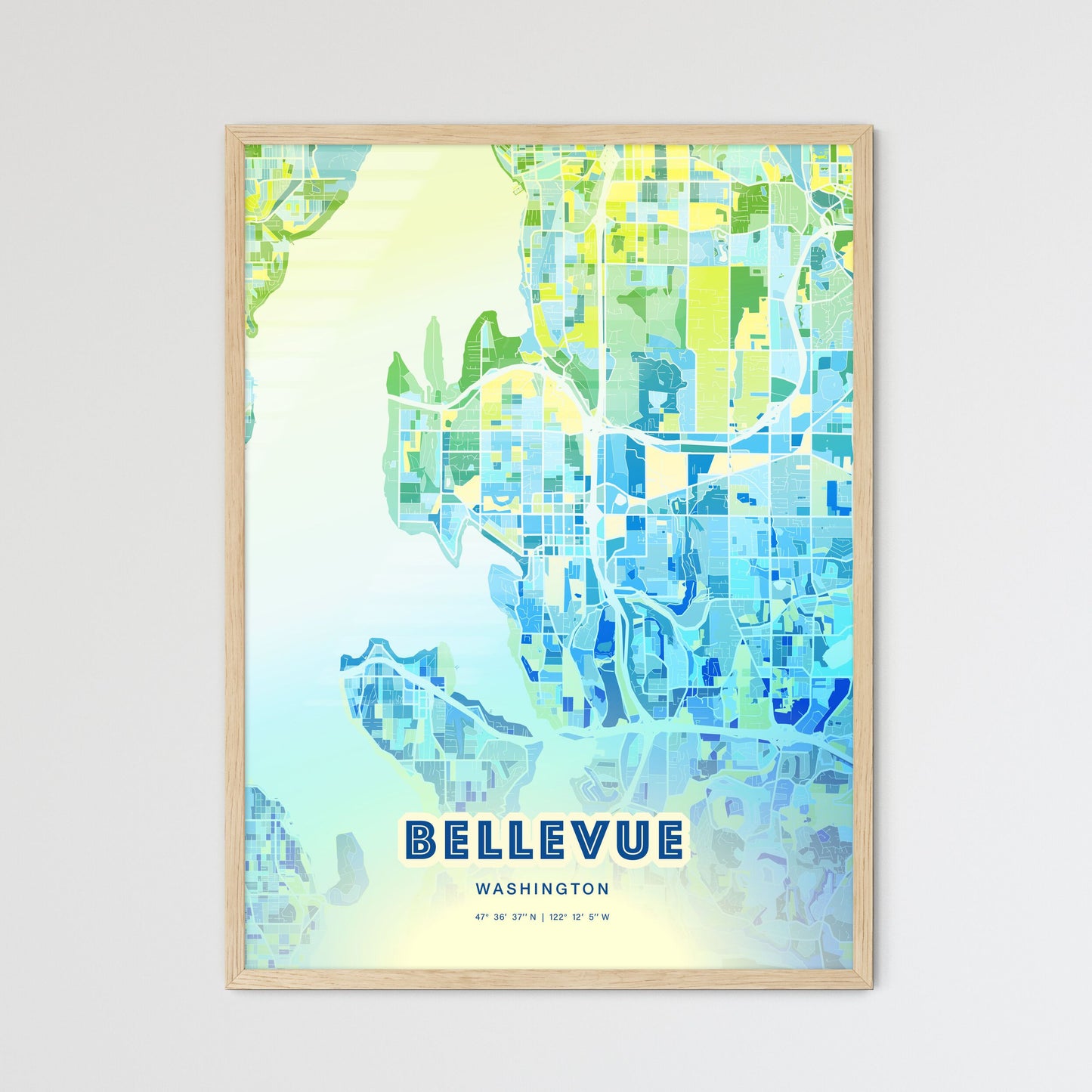 Colorful Bellevue Washington Fine Art Map Cool Blue