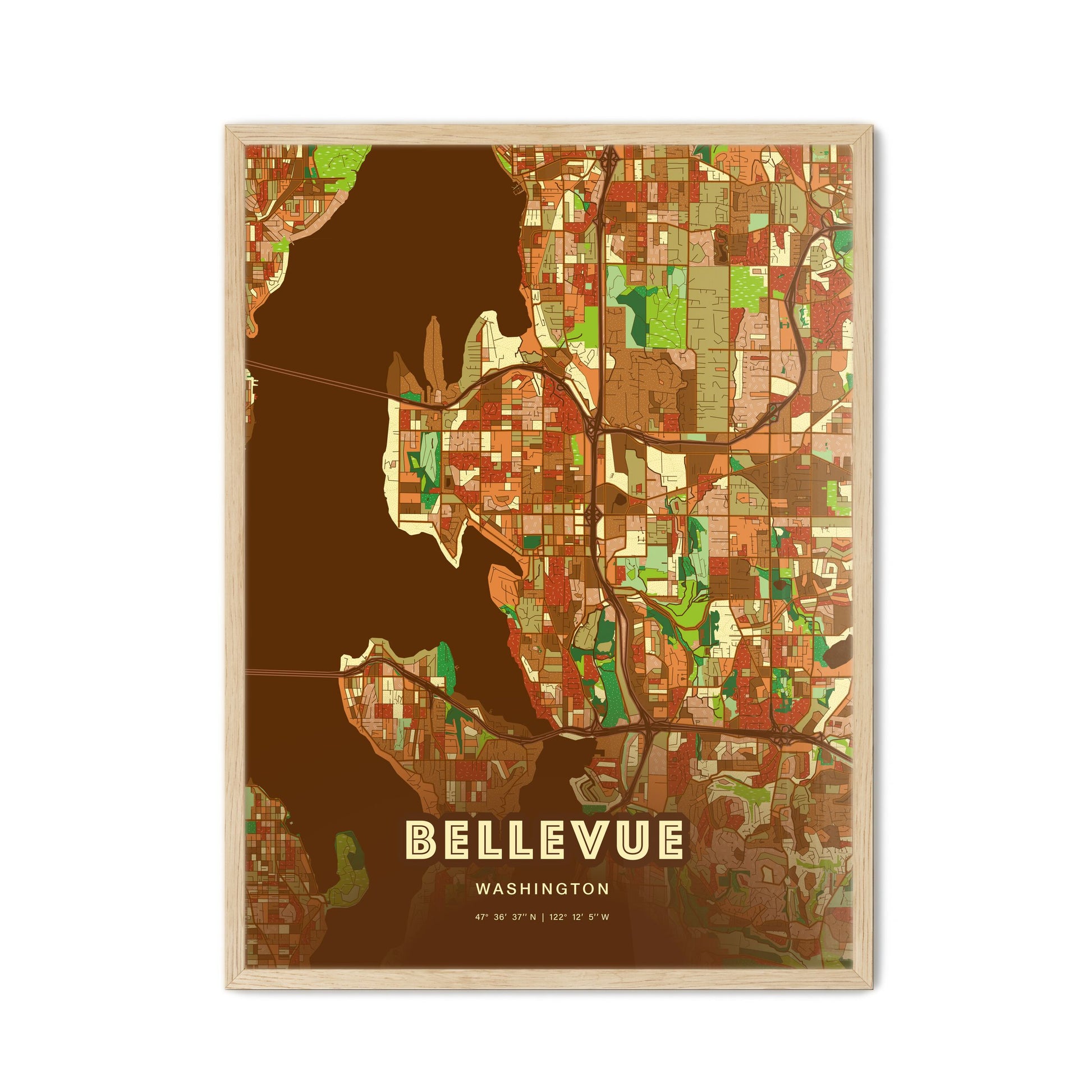 Colorful Bellevue Washington Fine Art Map Farmhouse