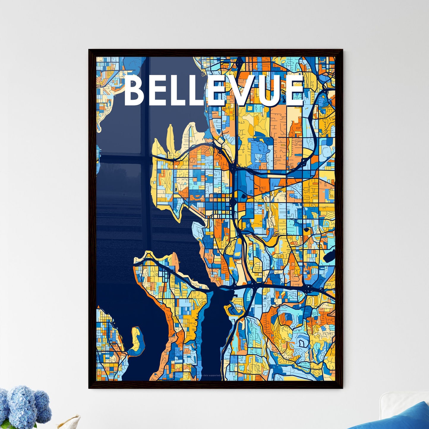 BELLEVUE WASHINGTON Vibrant Colorful Art Map Poster Blue Orange