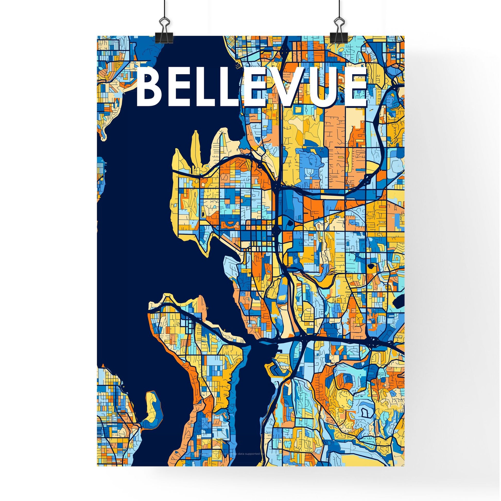 BELLEVUE WASHINGTON Vibrant Colorful Art Map Poster Blue Orange