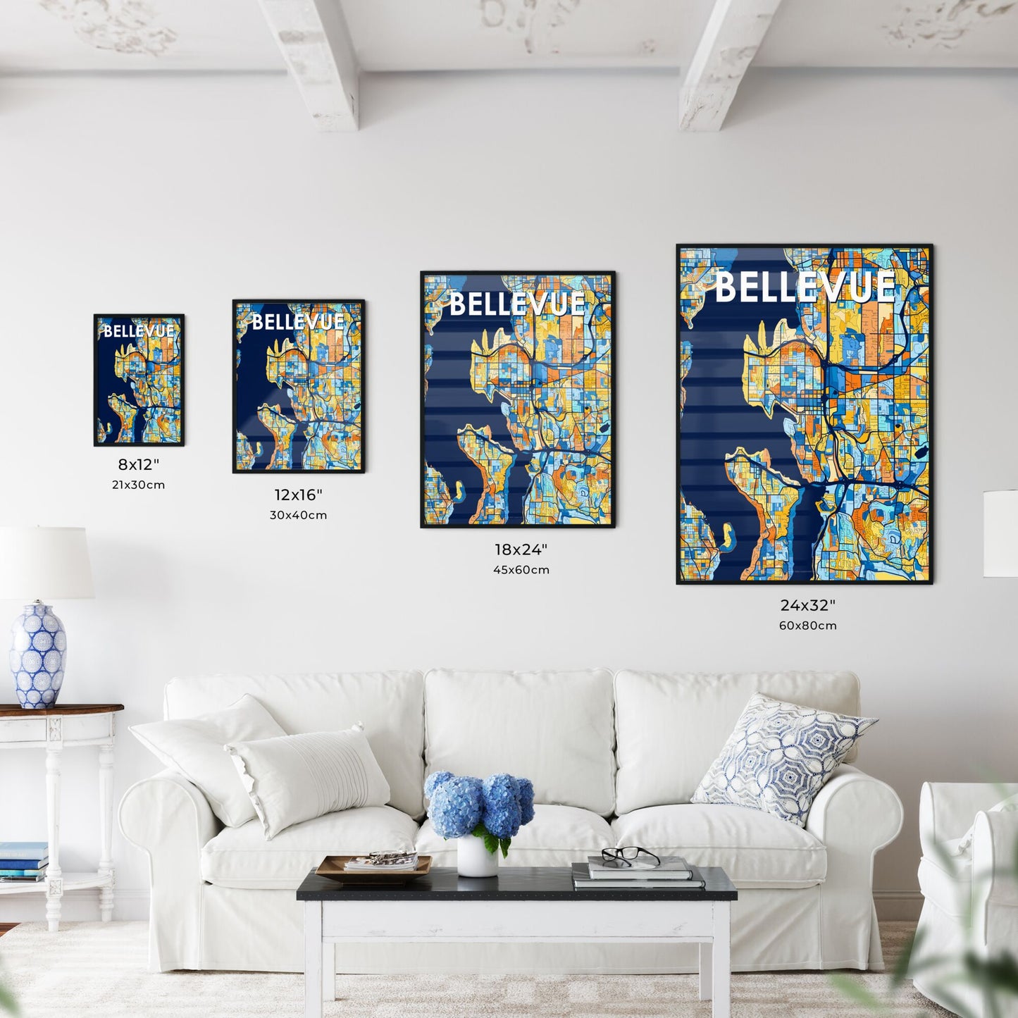 BELLEVUE WASHINGTON Vibrant Colorful Art Map Poster Blue Orange