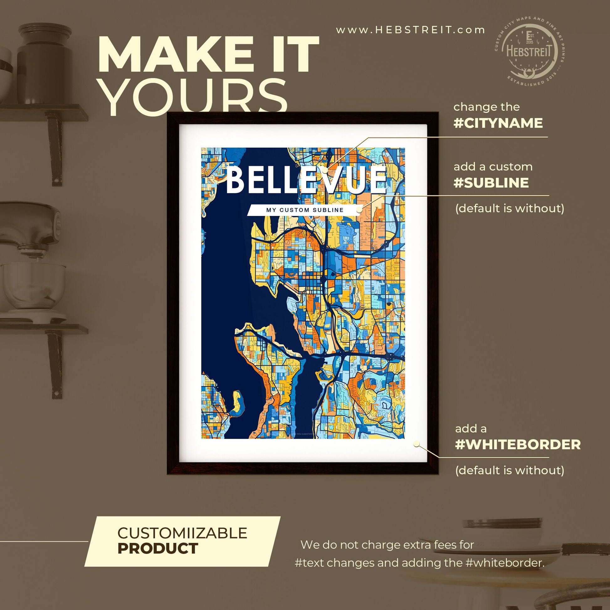 BELLEVUE WASHINGTON Vibrant Colorful Art Map Poster Blue Orange