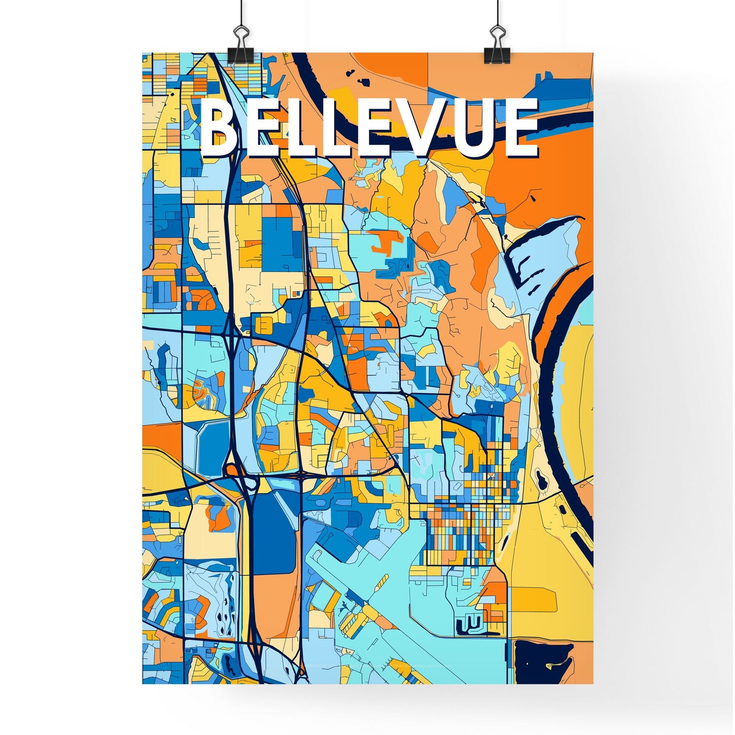 BELLEVUE NEBRASKA Vibrant Colorful Art Map Poster Blue Orange