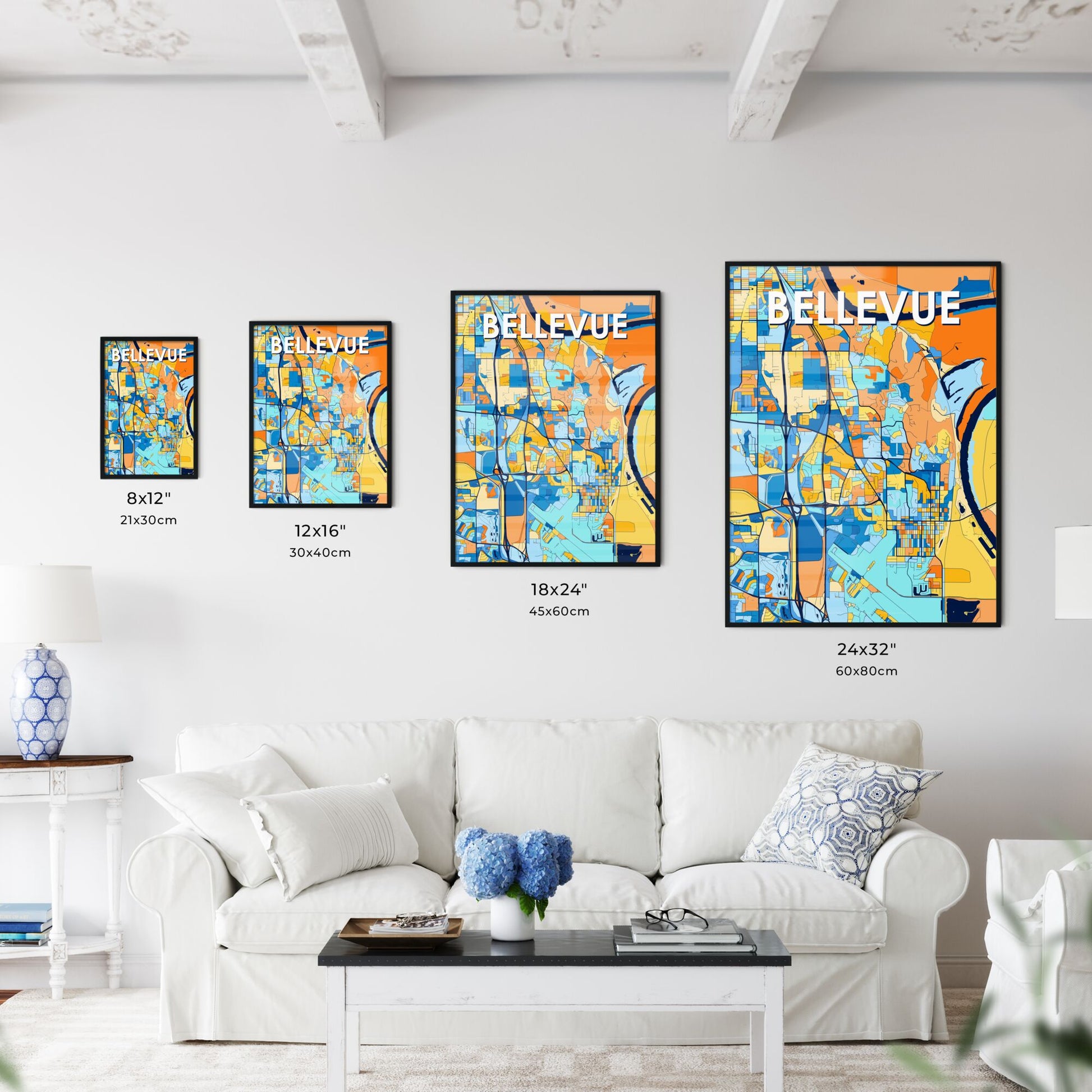 BELLEVUE NEBRASKA Vibrant Colorful Art Map Poster Blue Orange