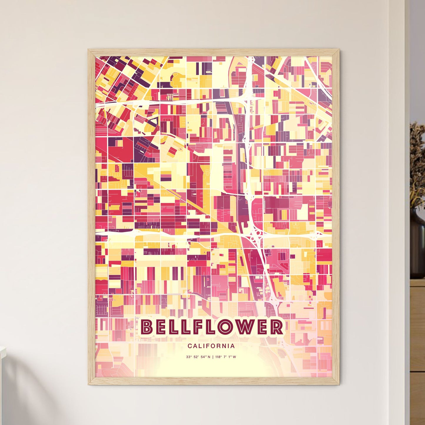 Colorful Bellflower California Fine Art Map Hot Red